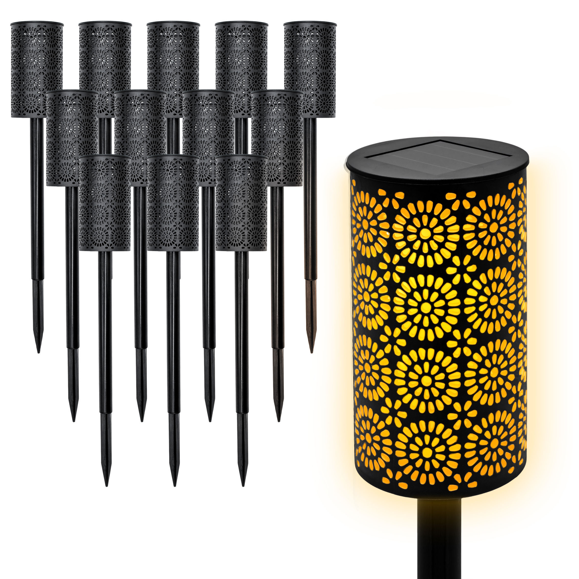 LED Solar Gartenfackel mit Blumen Muster 49 x 7 cm - 12er Set - Wegeleuchte mit realistischem Flammeneffekt