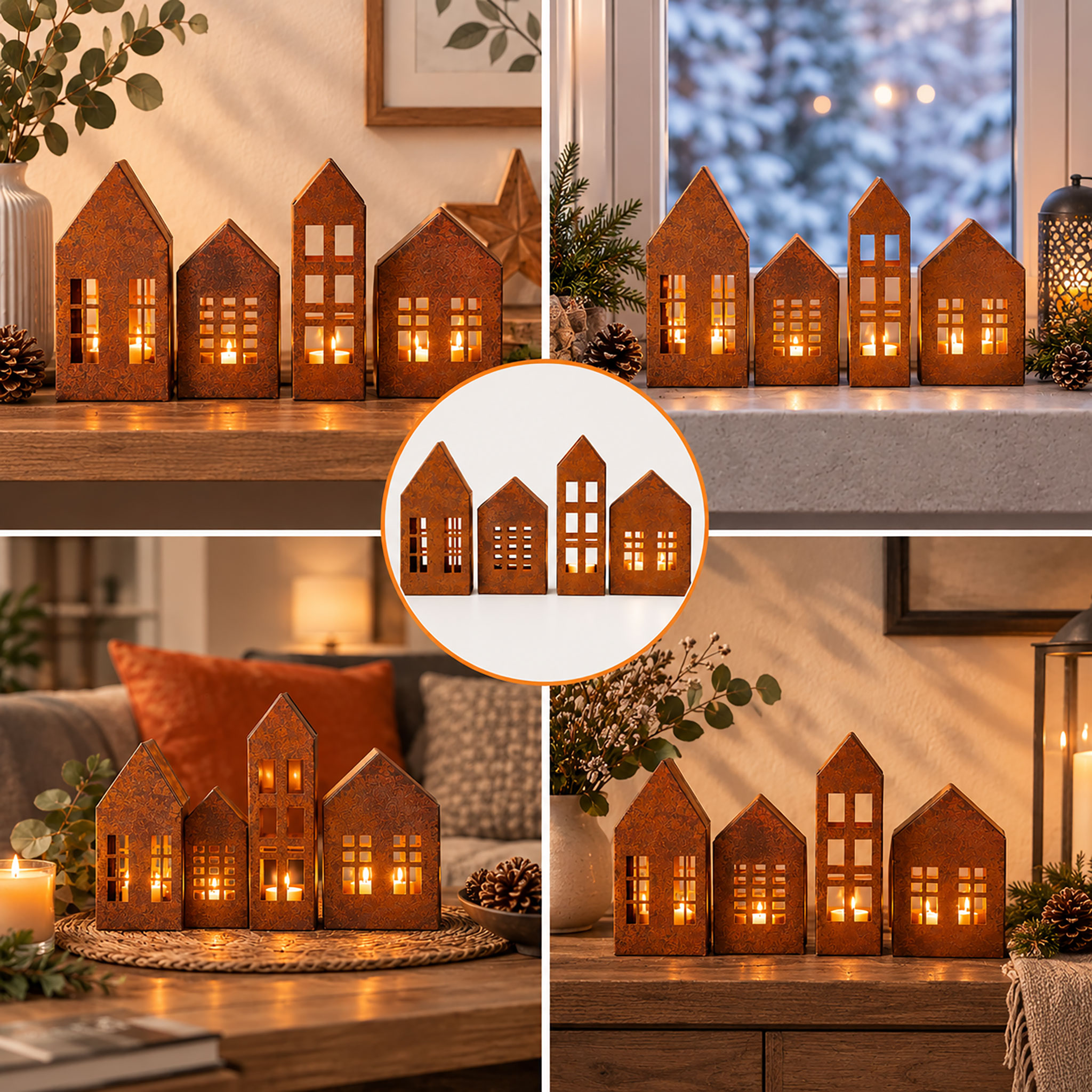 Metall Haus rotbraun mit Edelrost 4er Set - 2x 15 cm | 2x 20 cm - Weihnachtsdorf Teelichthalter mit Rost Patina