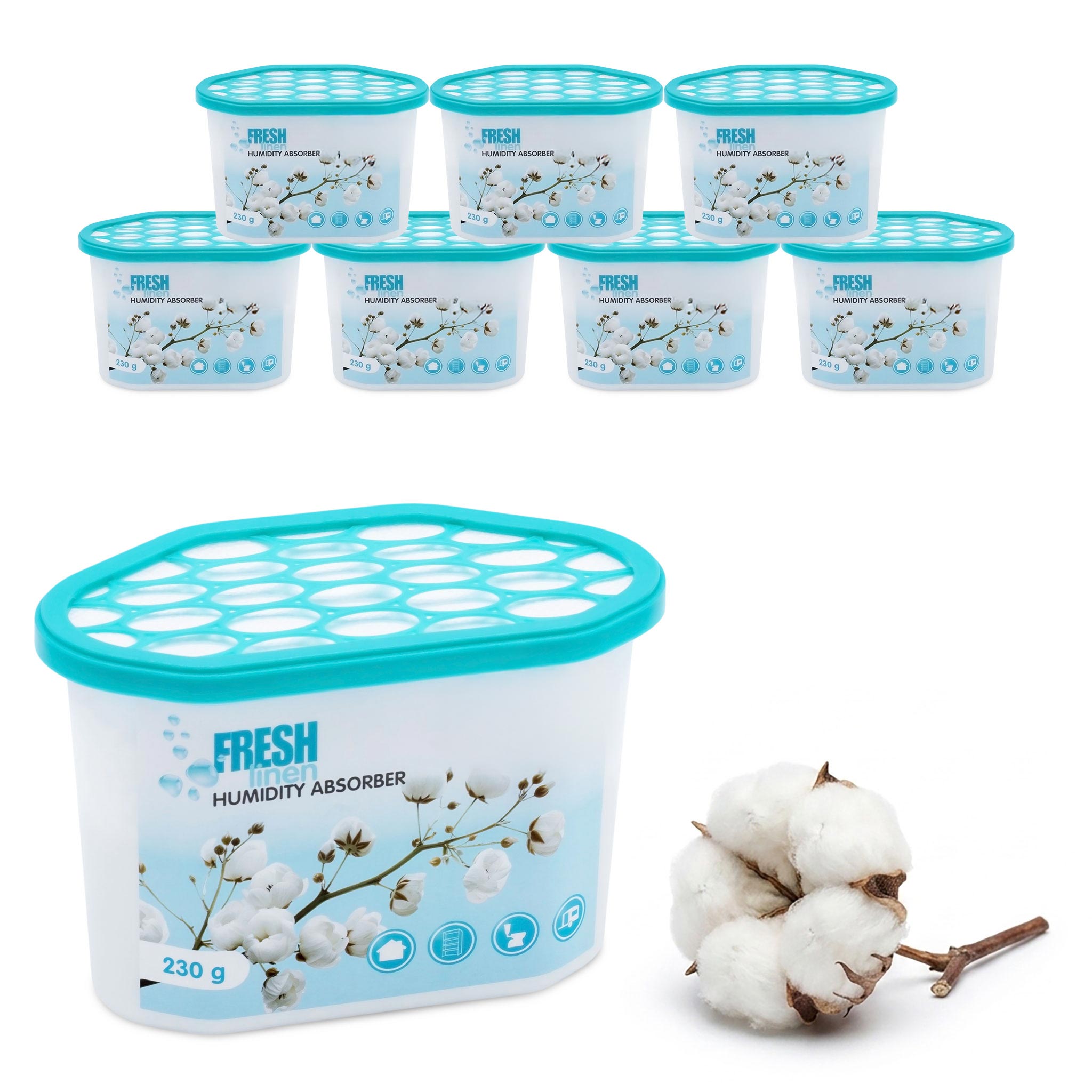 Luftentfeuchter Granulat Box mit 230g Frischeduft Granulat - 8er Pack - Raumentfeuchter mit Frische Wäsche Duft Entfeuchtergranulat