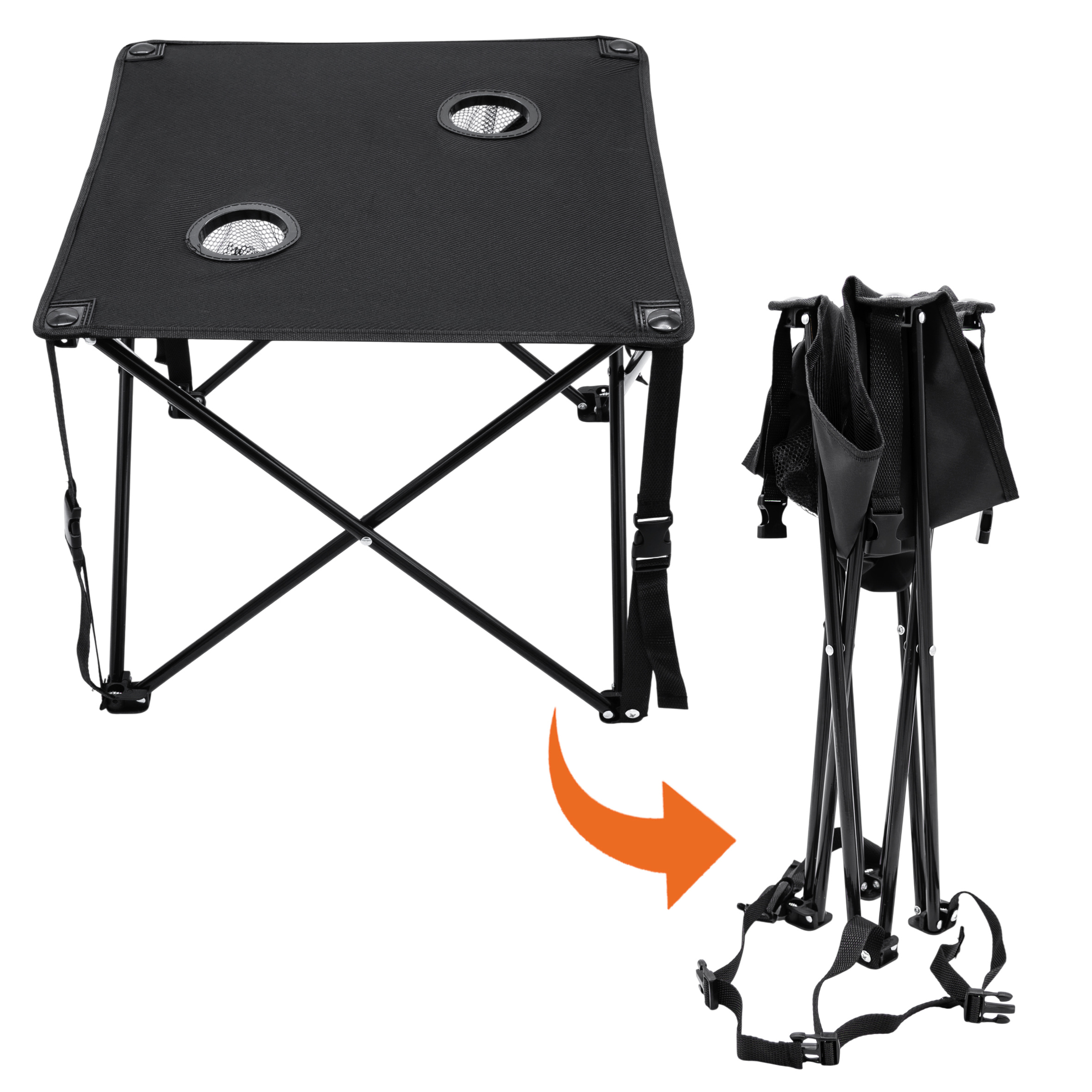 Campingtisch ultraleicht mit 2 Getränkehaltern - 48 x 48 cm - Outdoor Klapptisch schwarz inklusive Tragetasche
