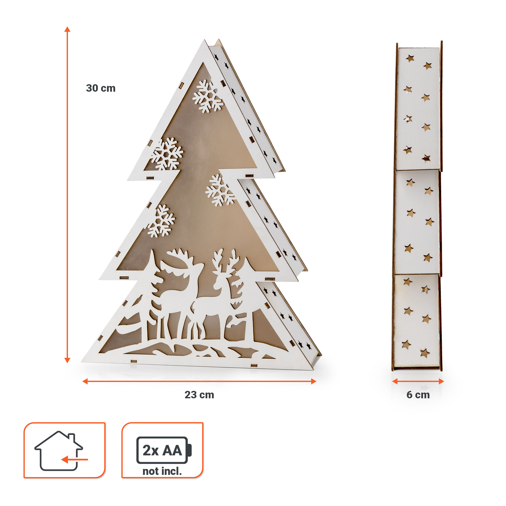 LED Tisch Aufsteller aus Holz 30 cm - 4 Motive wählbar - Weihnachts Deko Stern oder Tanne mit Weihnachts Motiven warm weiß beleuchtet