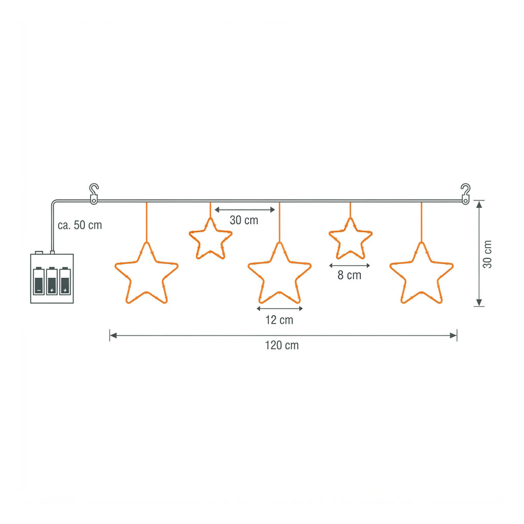LED Lichtervorhang mit 5 Metall Sternen warm weiß - 120 x 30 cm - Weihnachts Lichterkette mit Timer Funktion