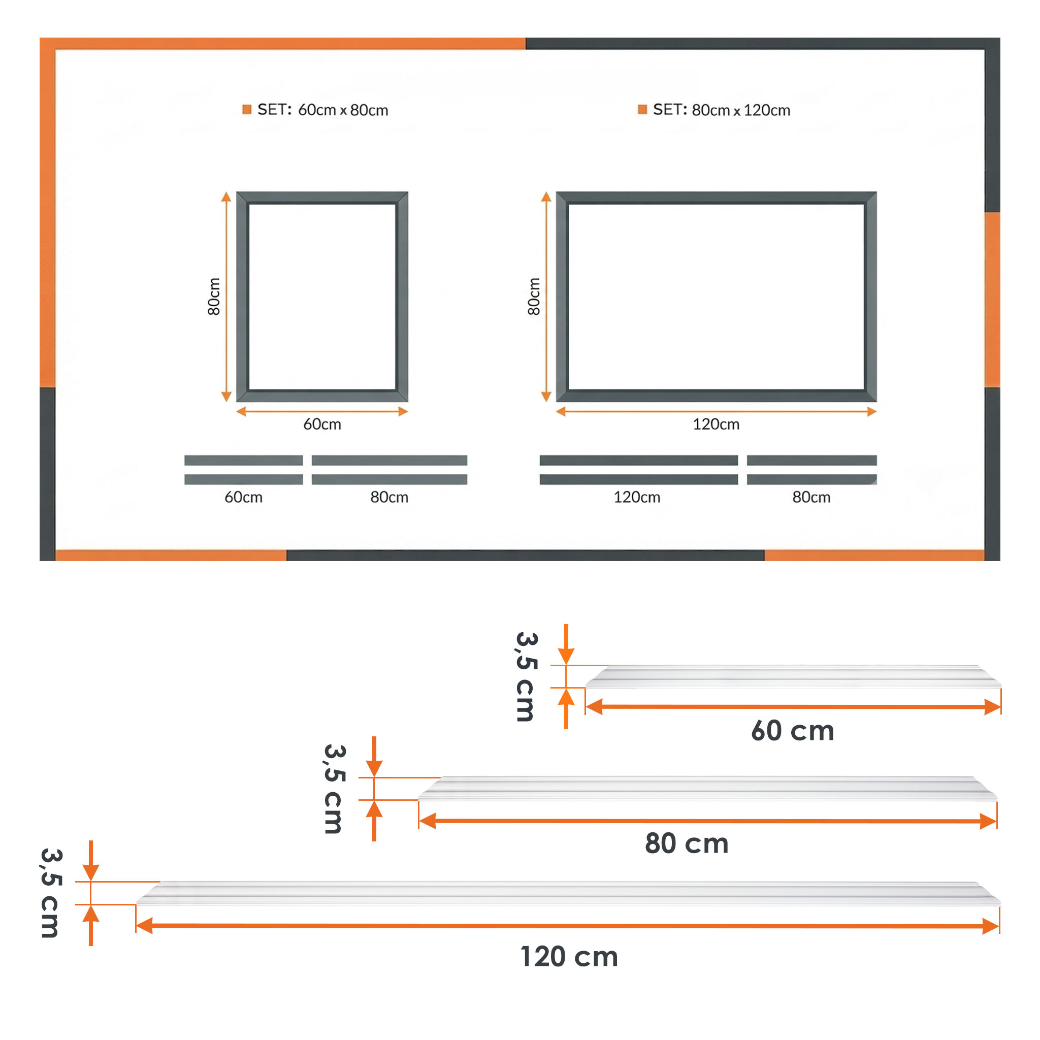 Zierleisten Set 8-teilig aus Polystyrol weiß vorgeschnitten - für 1x 80x60 cm & 1x 120x80 cm - Stuckleiste 8 Stück für Wand und Deckendekoration