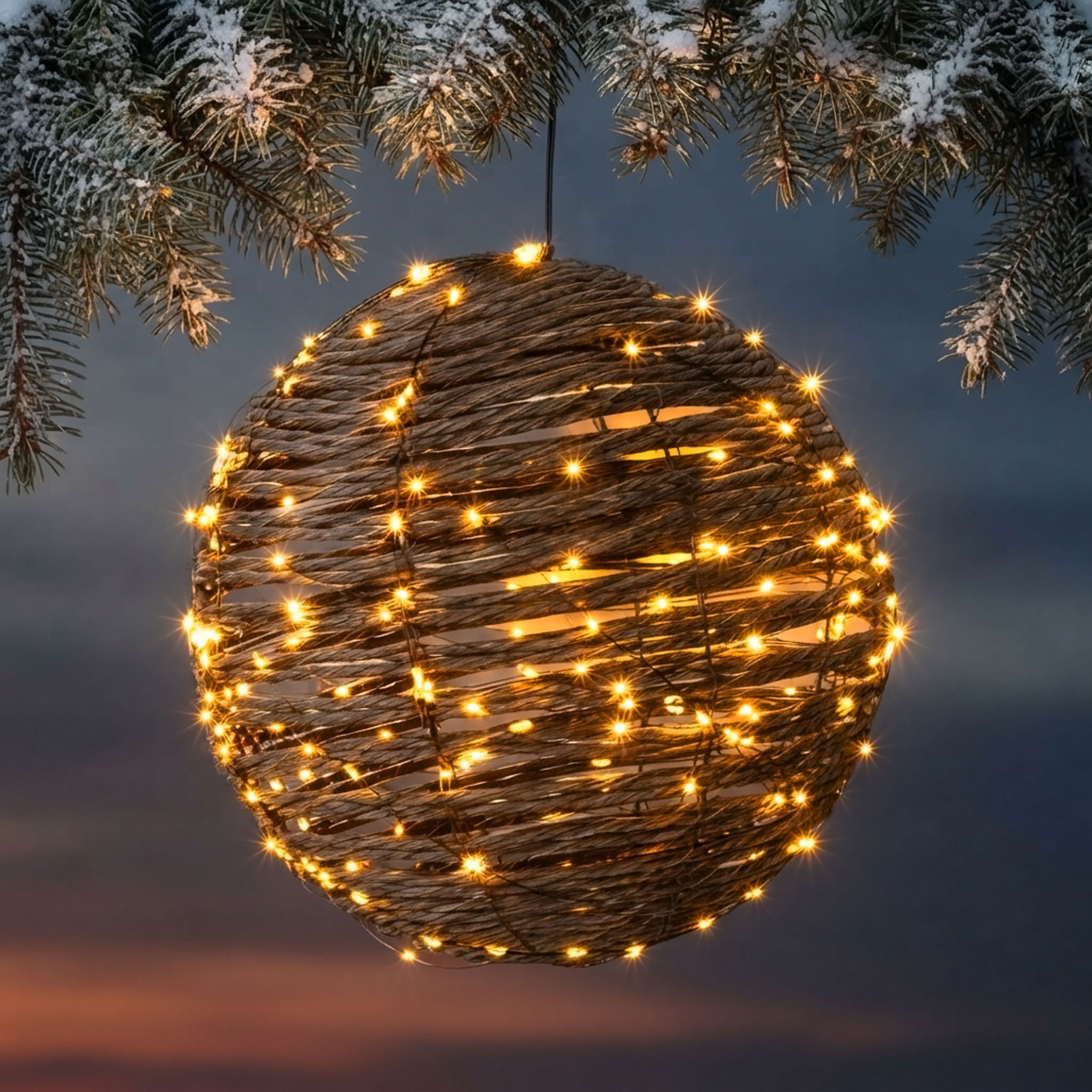 LED Rattan Leuchtball für Außen mit Timer und Twinkle-Effekt - 25 cm - Leuchtkugel mit 300 flashing LEDs in extra warm weiß