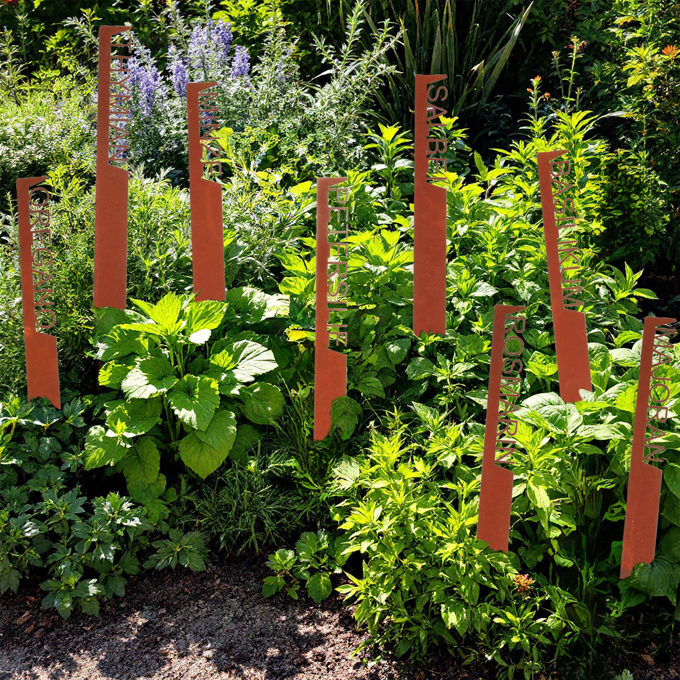 Eisen Kräuterstecker 25 cm Rost Design - 8er Set - Garten Deko Kräuterschild Edelrost Optik