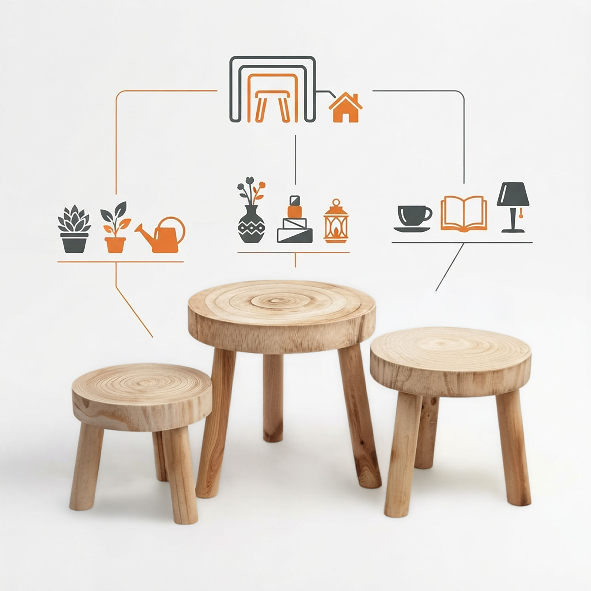 Holz Blumenhocker mit 3 Beinen braun 3er Set  - 32 / 26 / 22 cm - Massivholz Deko Pflanzenständer rund