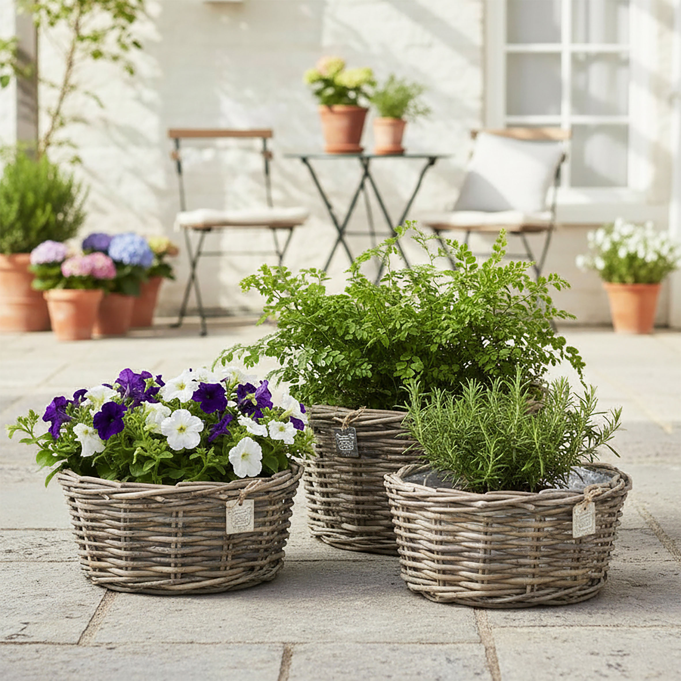 Pflanzschale aus Rattan im 3er Set - 30 / 26 / 21 cm - Blumentopf mit Folie ausgekleidet