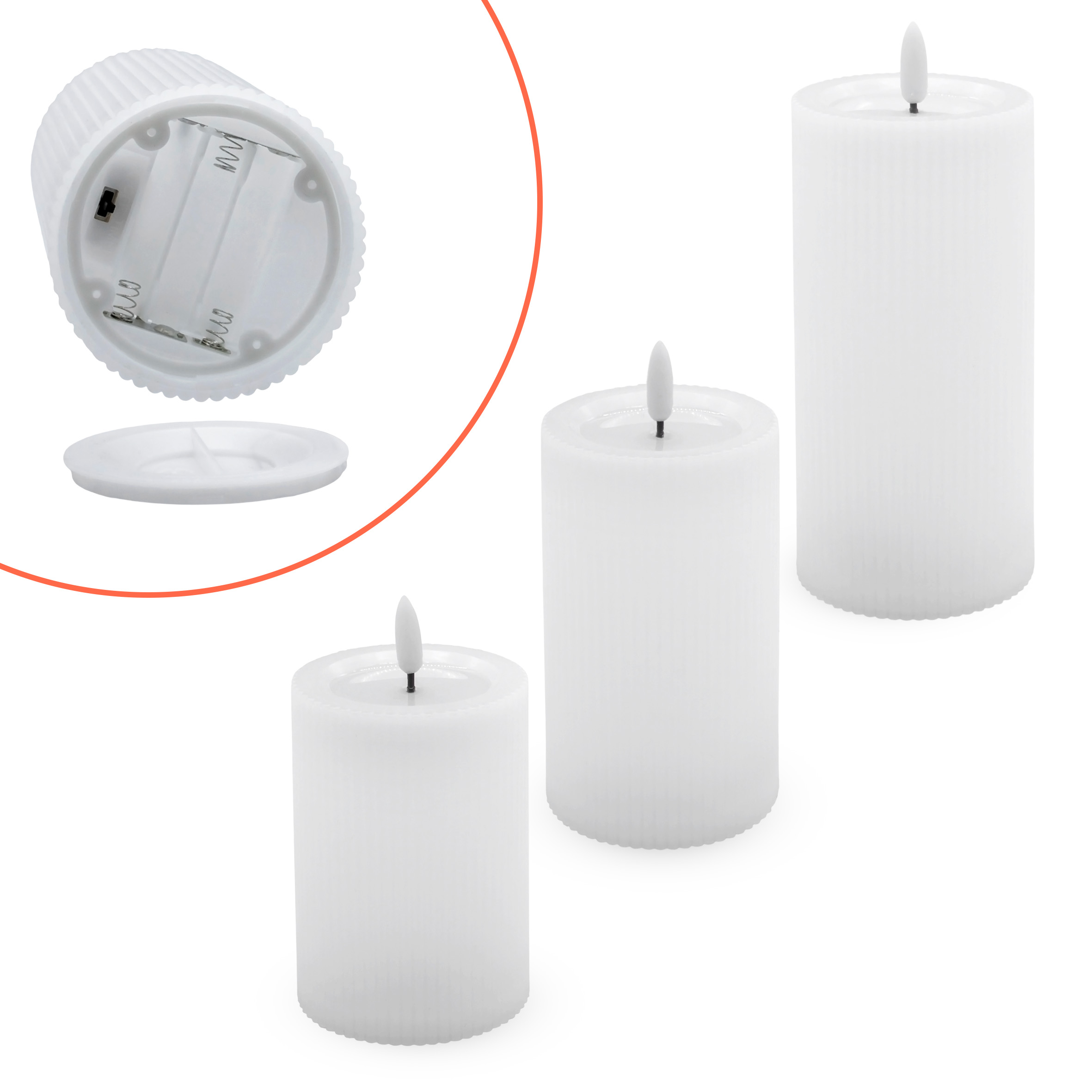 3er Set künstliche Laternenkerze je 1x 15 / 12,5 / 10 cm Höhe im Riffeldesign mit Flackereffekt und Timer