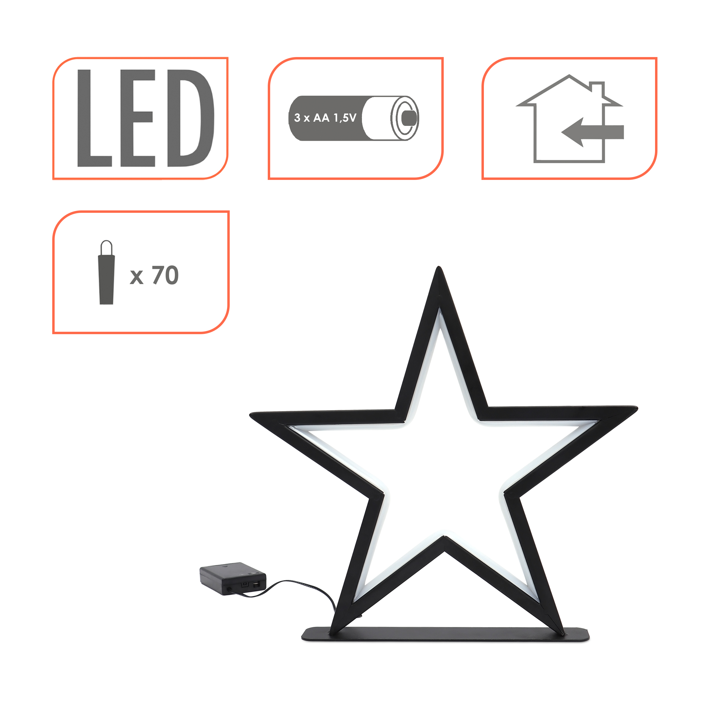 LED Metallstern schwarz 34 cm warm weiß  - 70 LED - Weihnachts Deko Stern Batterie betrieben
