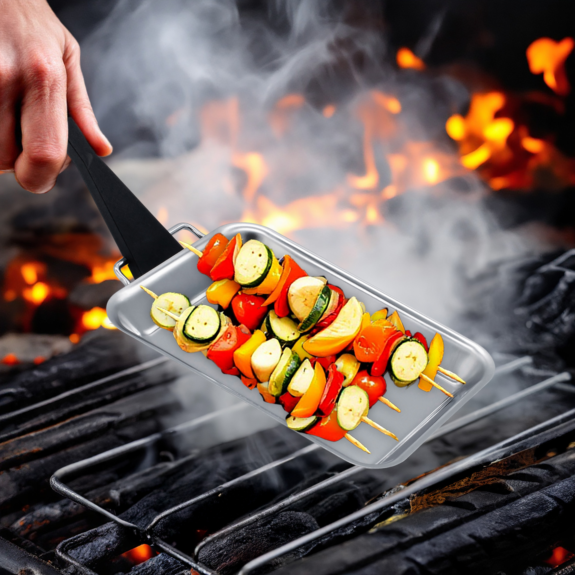Edelstahl Grillpfännchen Set lebensmittelecht - 6-teilig - Metall Pfännchen für den Grill mit Schaber
