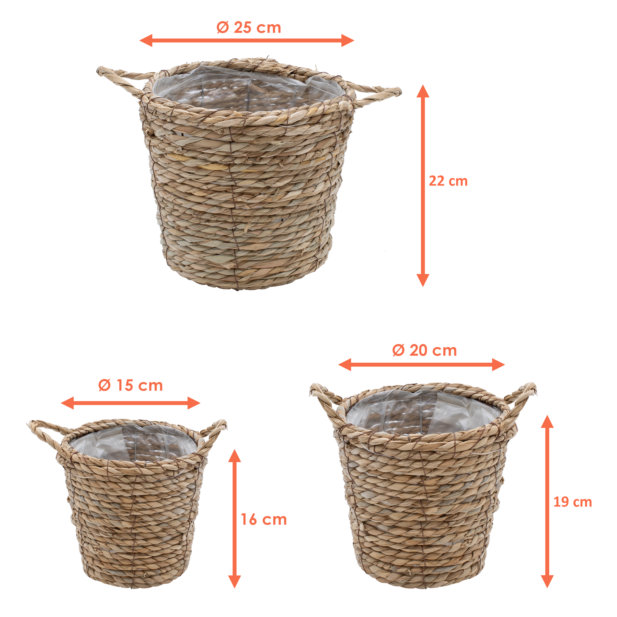 Seegras Pflanzkorb 3er Set natur - 25 / 20 / 15 cm - Pflanztopf mit Folie ausgekleidet