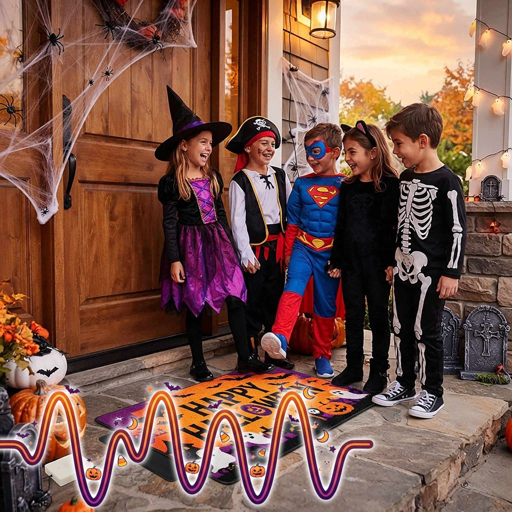 Halloween Trittsensor für Fußmatten mit 2 Grusel Begrüßungen - 35 x 25 cm - Sound Fußmatte mit Drucksensor batteriebetrieben