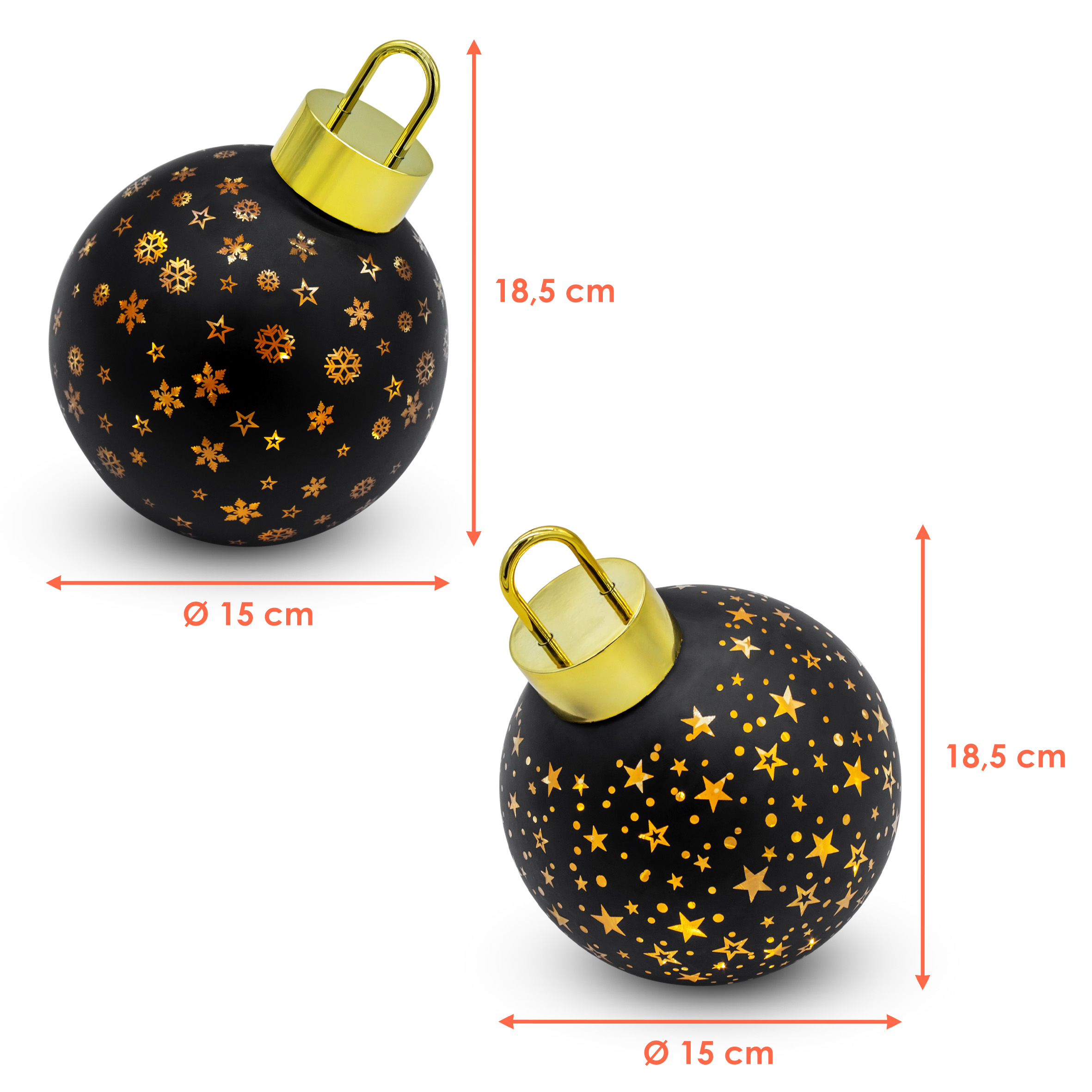 LED Weihnachtskugel zum Stellen matt schwarz mit Timer Batterie betrieben - 15 cm - Glaskugel warm weiß beleuchtet 1 Stück Leuchtkugel mit Zufallsmotiv