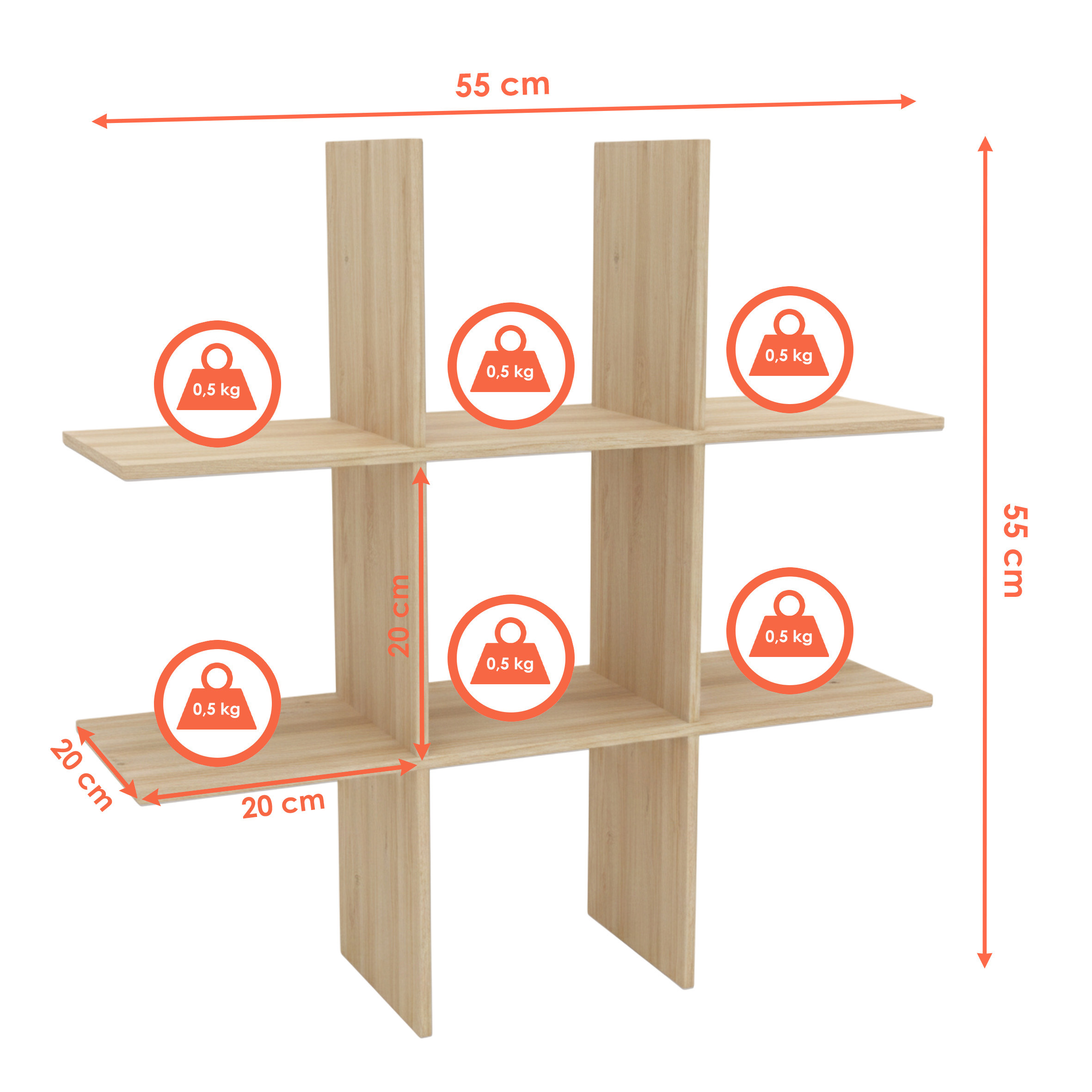 Holz Wandregal 55 x 55 cm schwebend mit 6 Fächern - natur - Schweberegal im Würfel Design mit Melamin Furnier