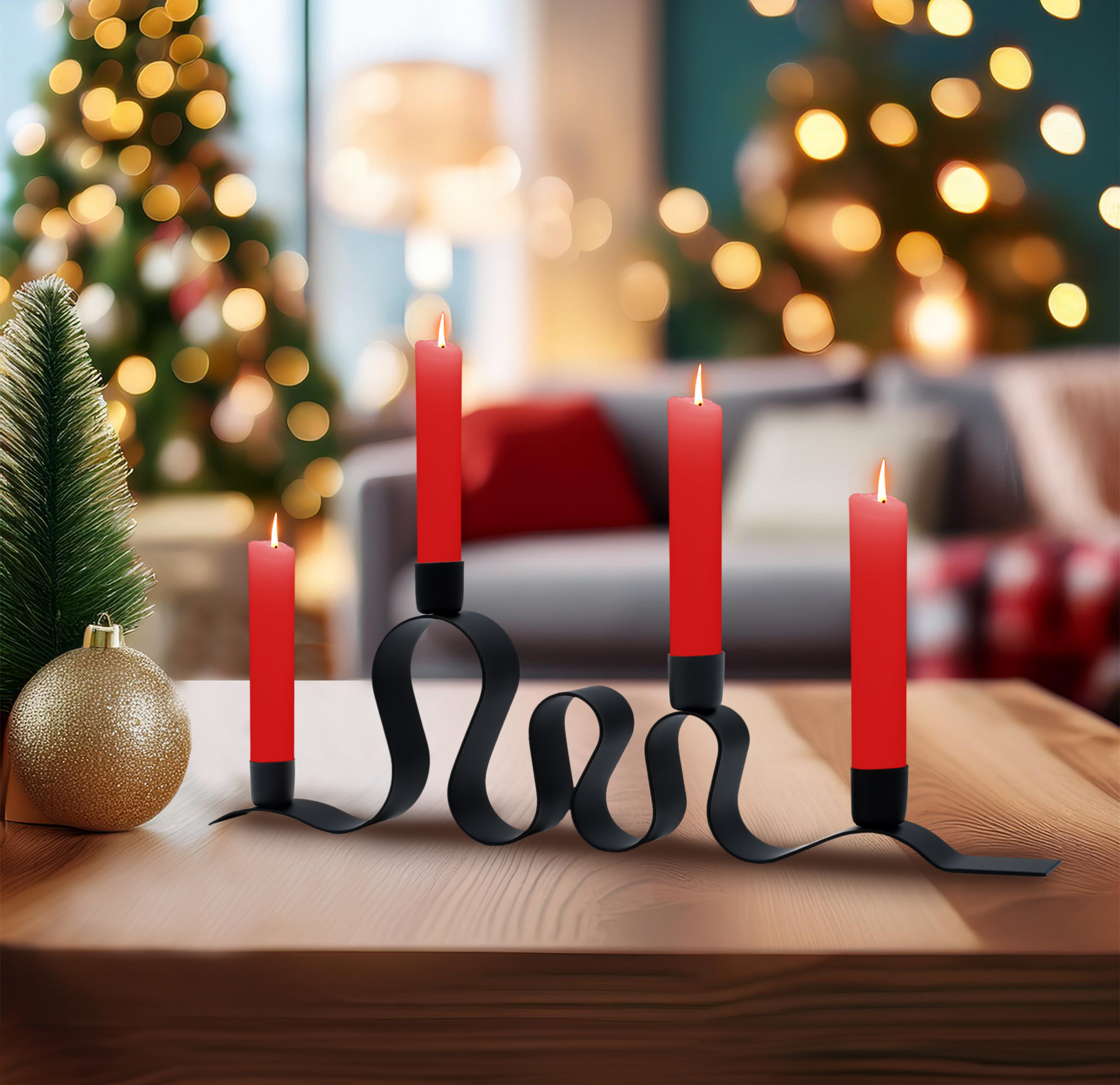 Metall Kerzenständer Wellen schwarz - 45 x 15 cm - Advents Kerzenhalter wellig für 4 Stabkerzen