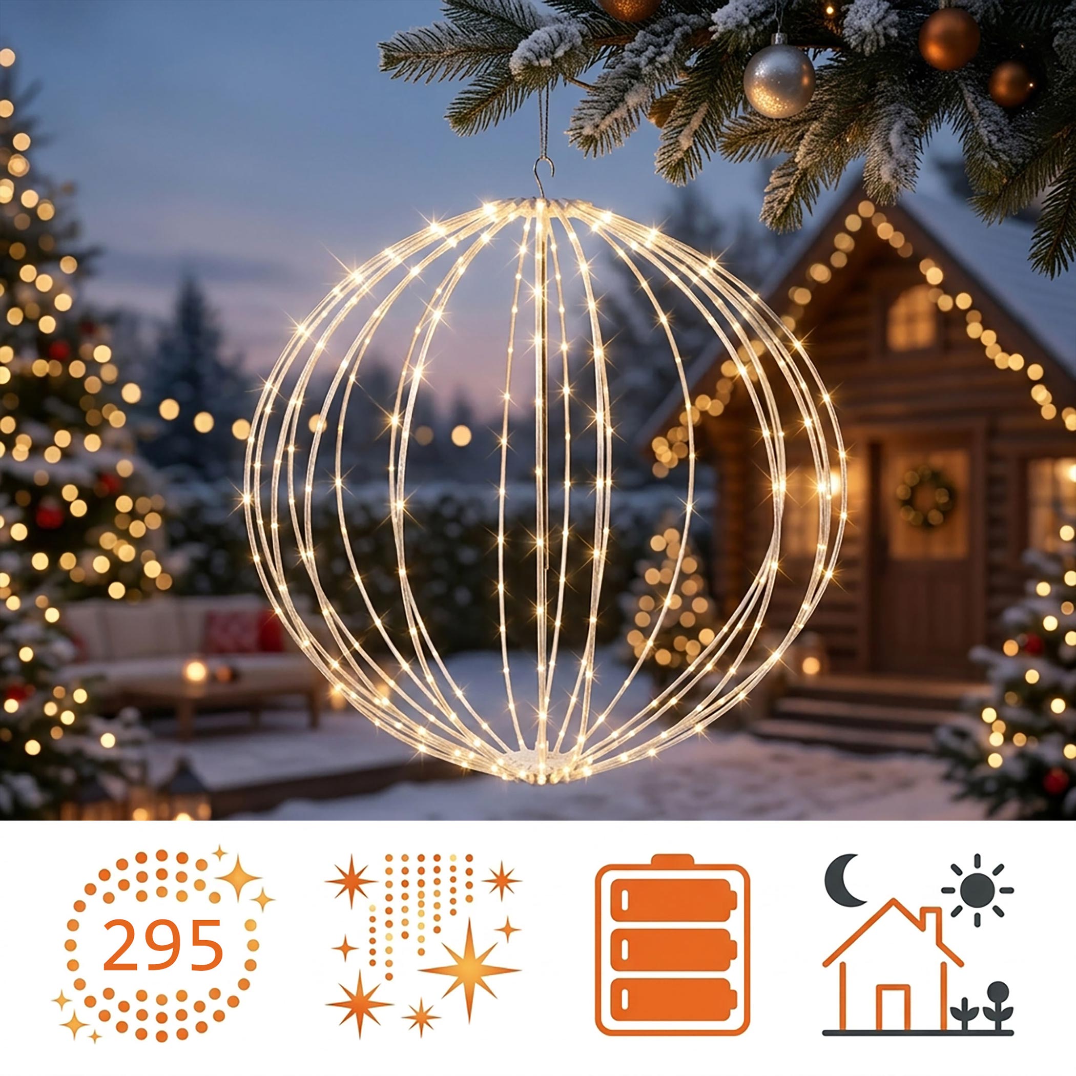 Leuchtball 50 cm transparent mit Twinkle Effekt für Außen - 295 LEDs - Leuchtkugel mit Flashing Lights in warm weiß batteriebetrieben