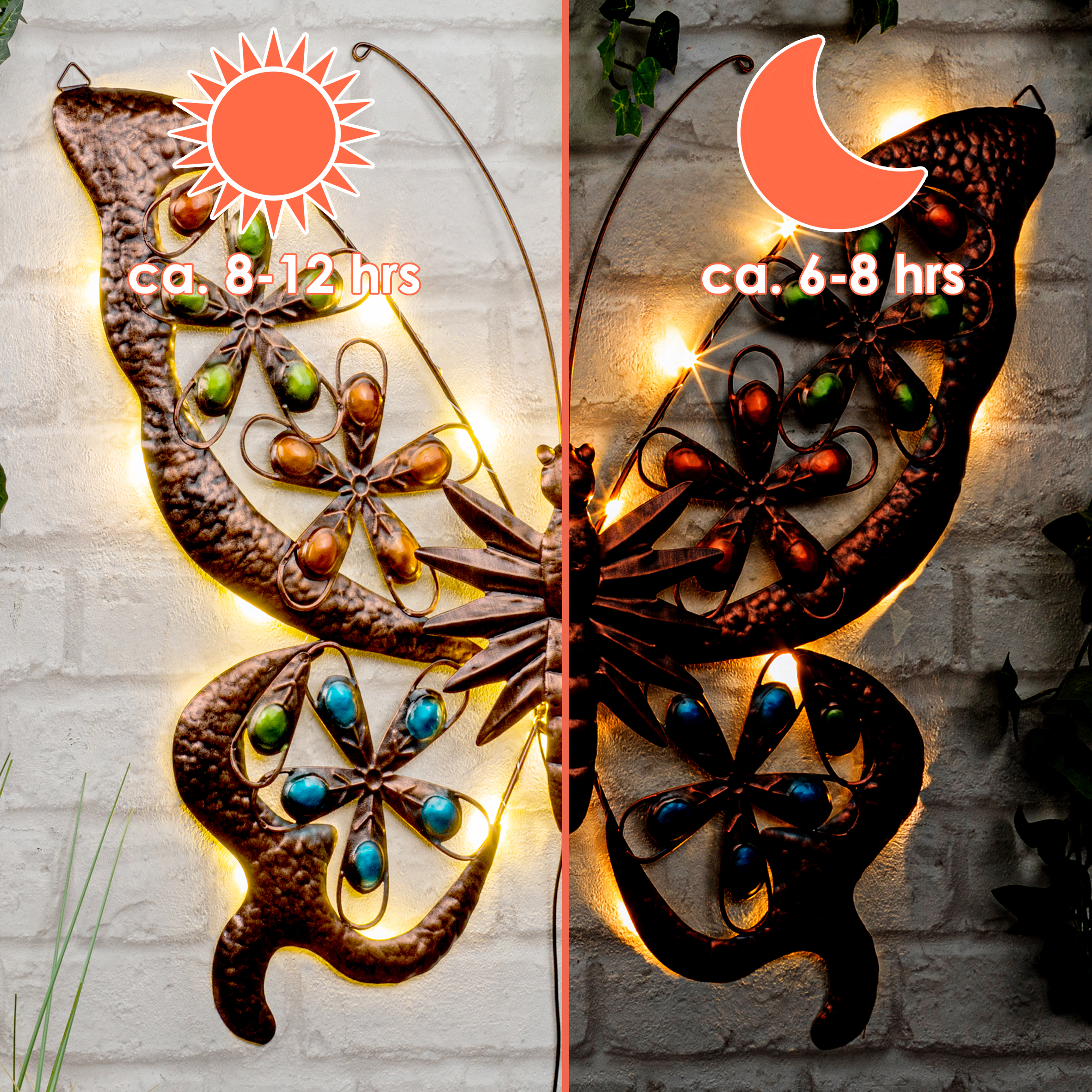 Solar Wandbild Schmetterling in bronze mit 24 LED - 61 x 52 cm - Metall Wand Deko für Außen warm weiß beleuchtet