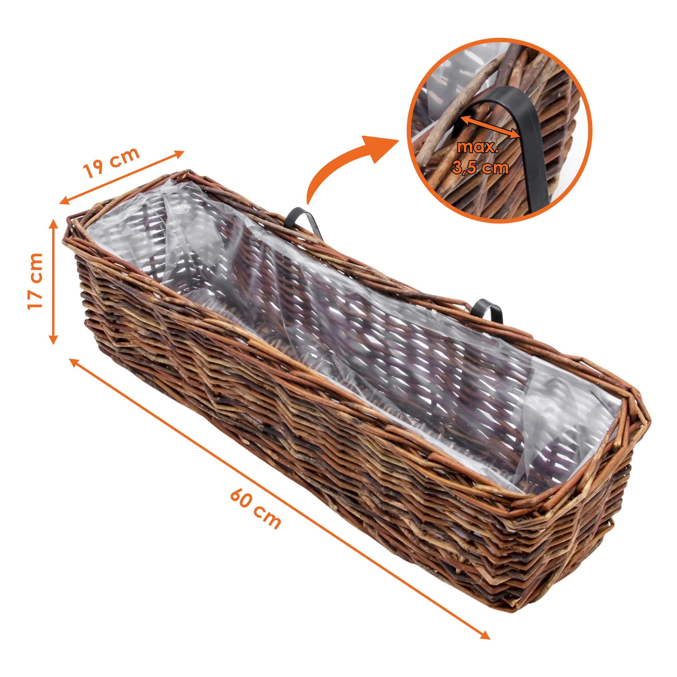 Rattan Balkonkasten eckig mit Folie natur dunkel - 60 x 19 cm - Rattan Blumenkasten mit Aufhängung für Geländer bis 3,5 cm