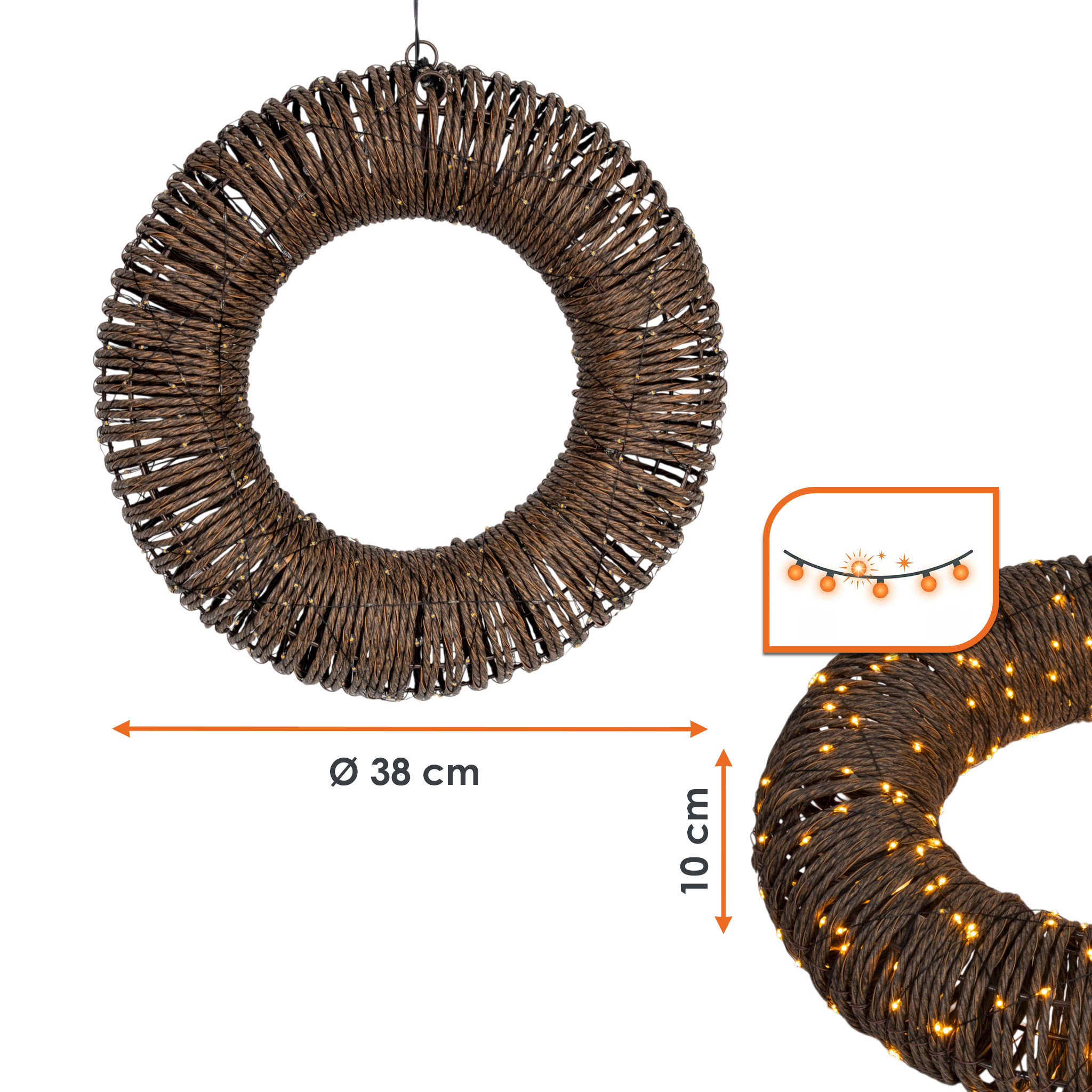 LED Rattankranz mit Twinkle Effekt für Außen mit Timer - 38 cm - Türkranz mit 400 flashing LEDs in extra warm weiß