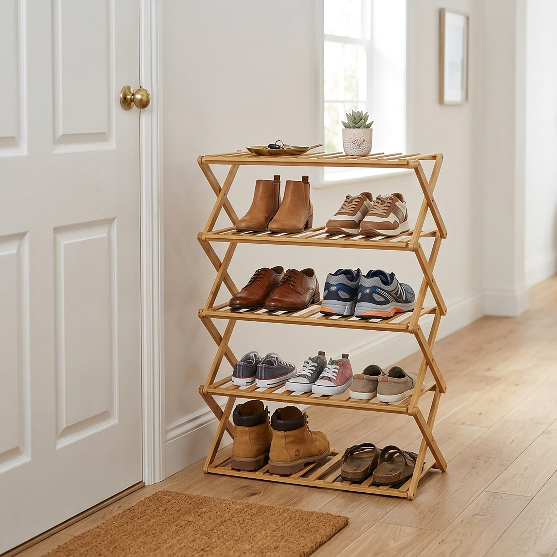Klappbares Bambus Schuhregal mit 5 Ablagen - 87 x 68 cm - platzsparendes Aufbewahrungsregal für Schuhe