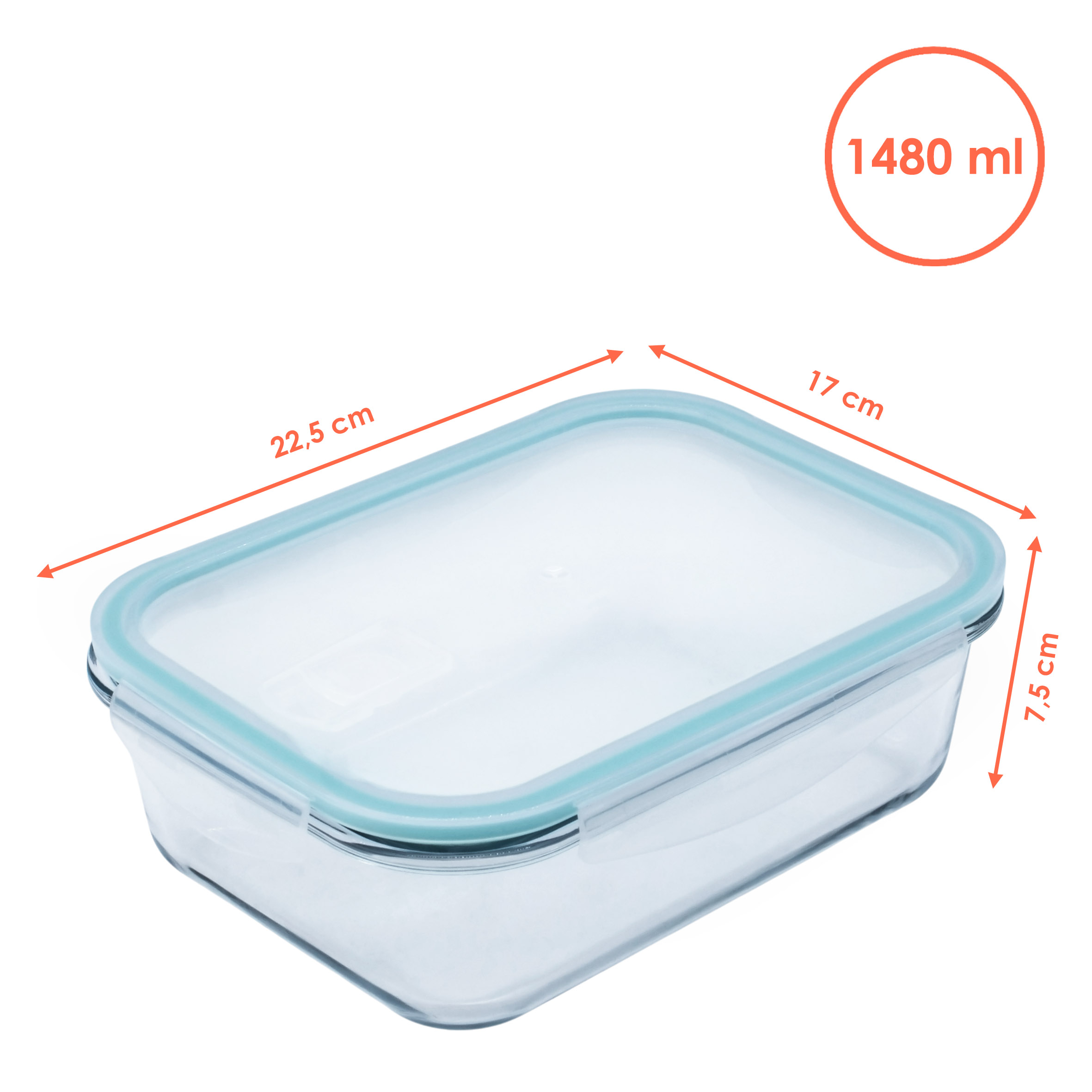 Glas Frischhaltedose mit Kunststoff Deckel - 1480 ml - Meal Prep Lebensmittelbox Mikrowellen geeignet