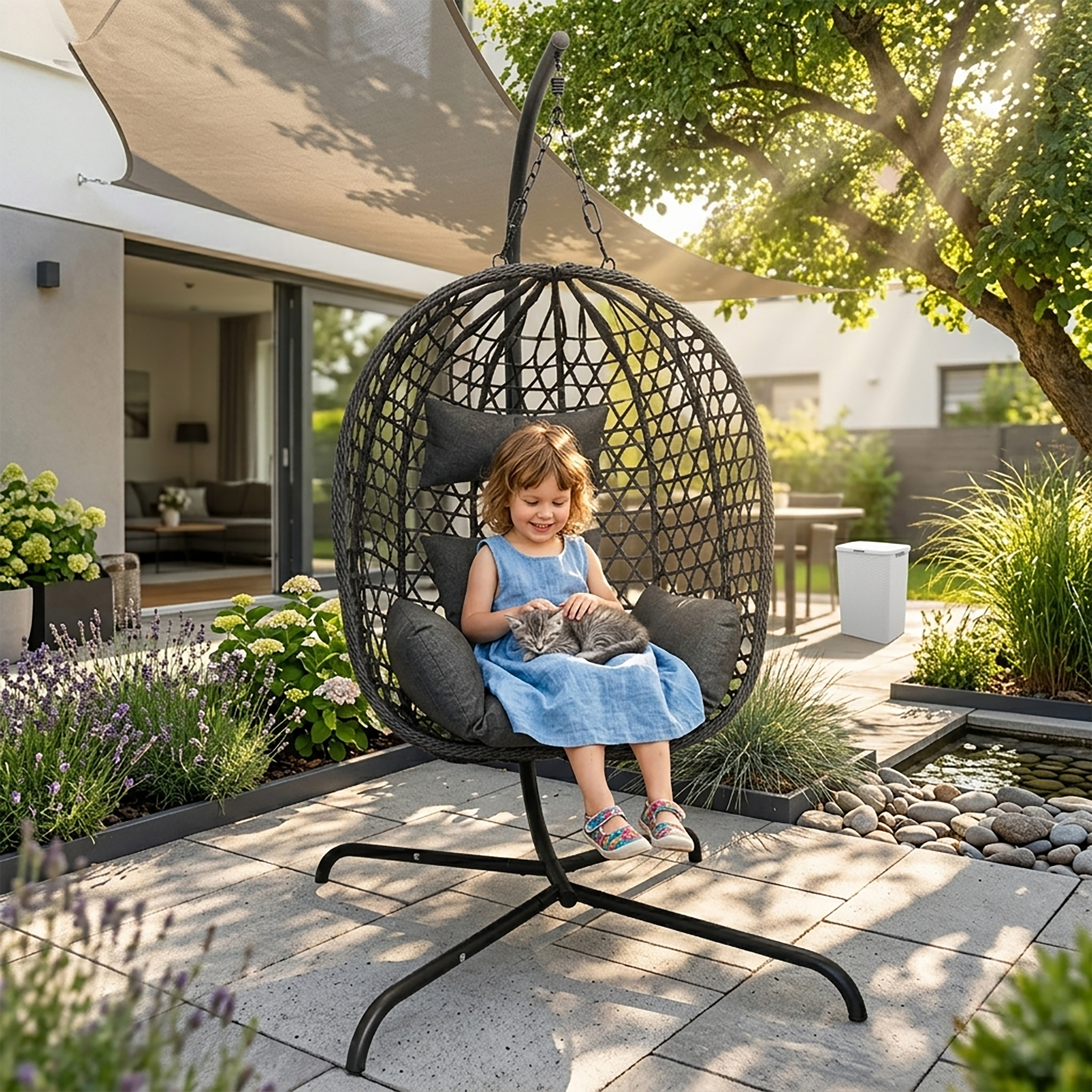 Outdoor Hängesessel mit Gestell und Standfuß 194 x 104 cm - anthrazit - Polyrattan Hängestuhl mit Sitz-und Kopfkissen für Außen und Innen
