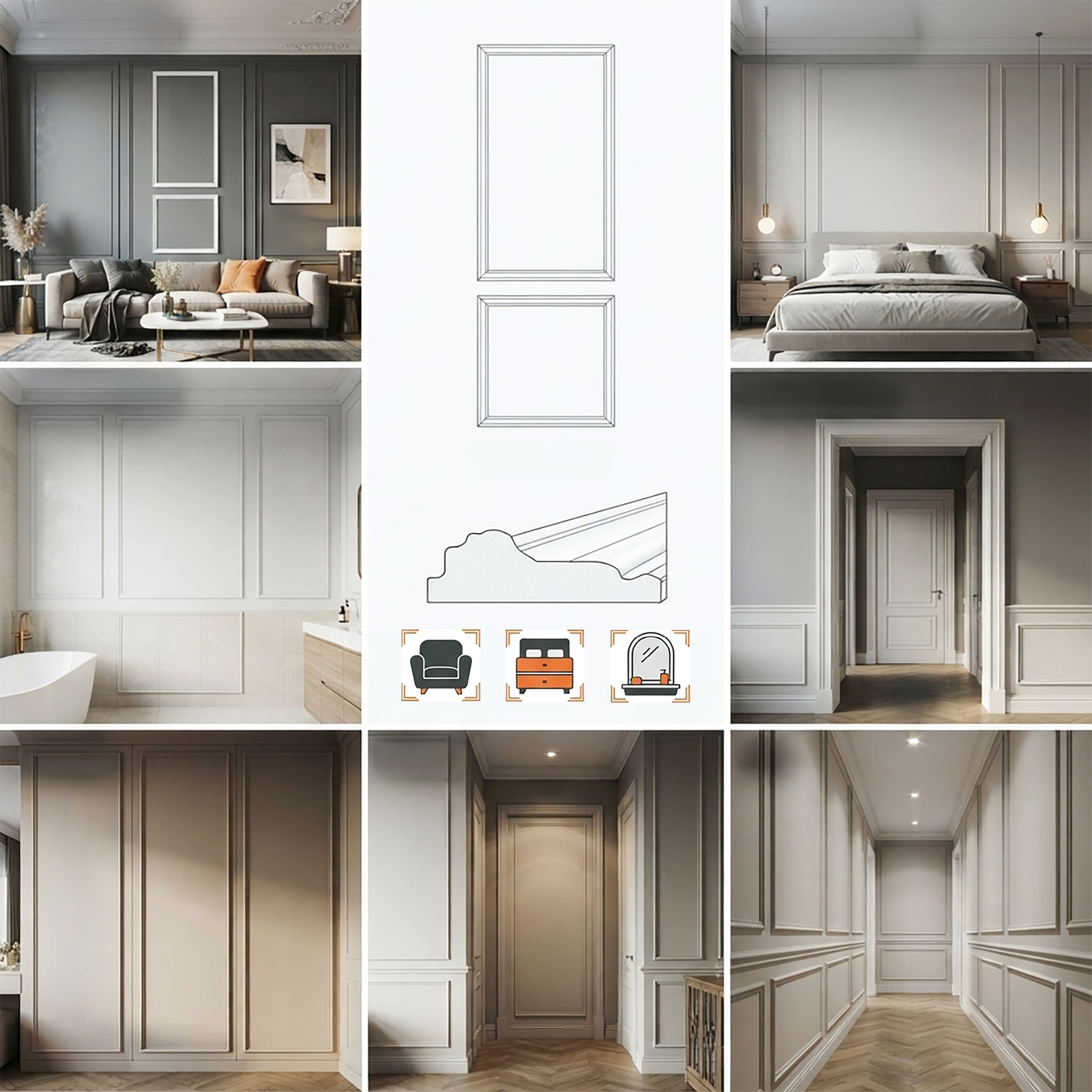 Zierleisten Set 24-teilig aus Polystyrol weiß vorgeschnitten - für 3x 80x60 cm & 3x 120x80 cm - Stuckleiste 24 Stück für Wand und Deckendekoration
