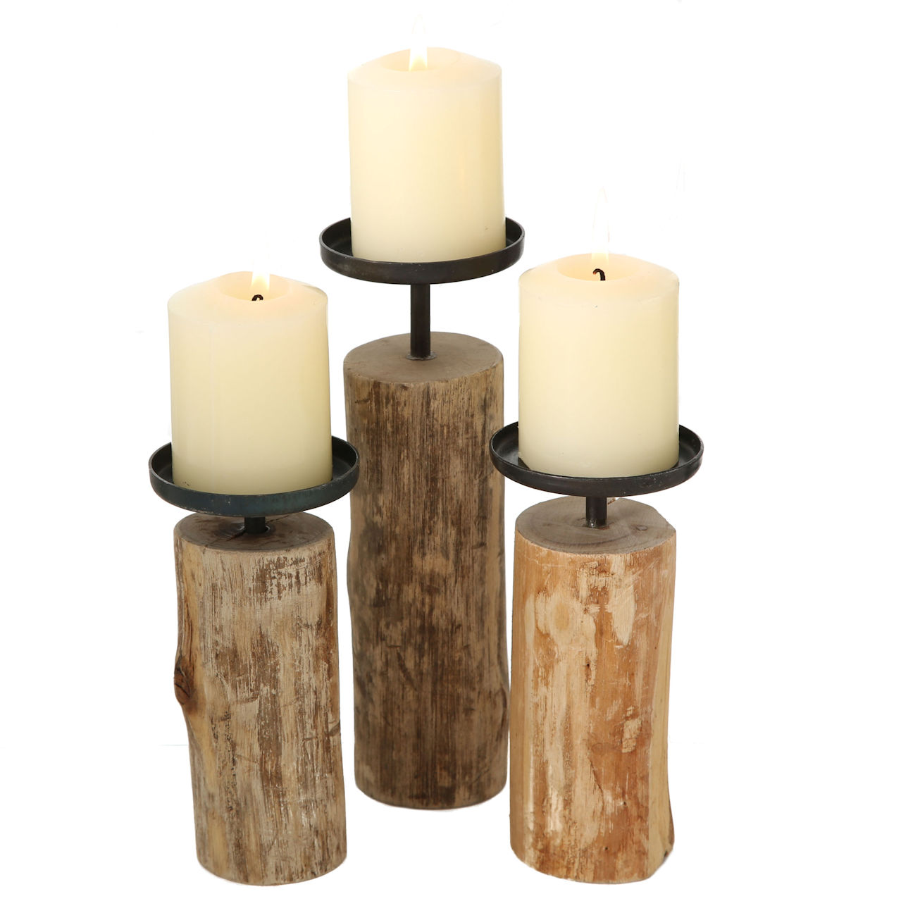 Eukalyptus Kerzenhalter 3er Set - 24 / 19 / 15 cm - Holz Kerzen Ständer mit Metall Haltern