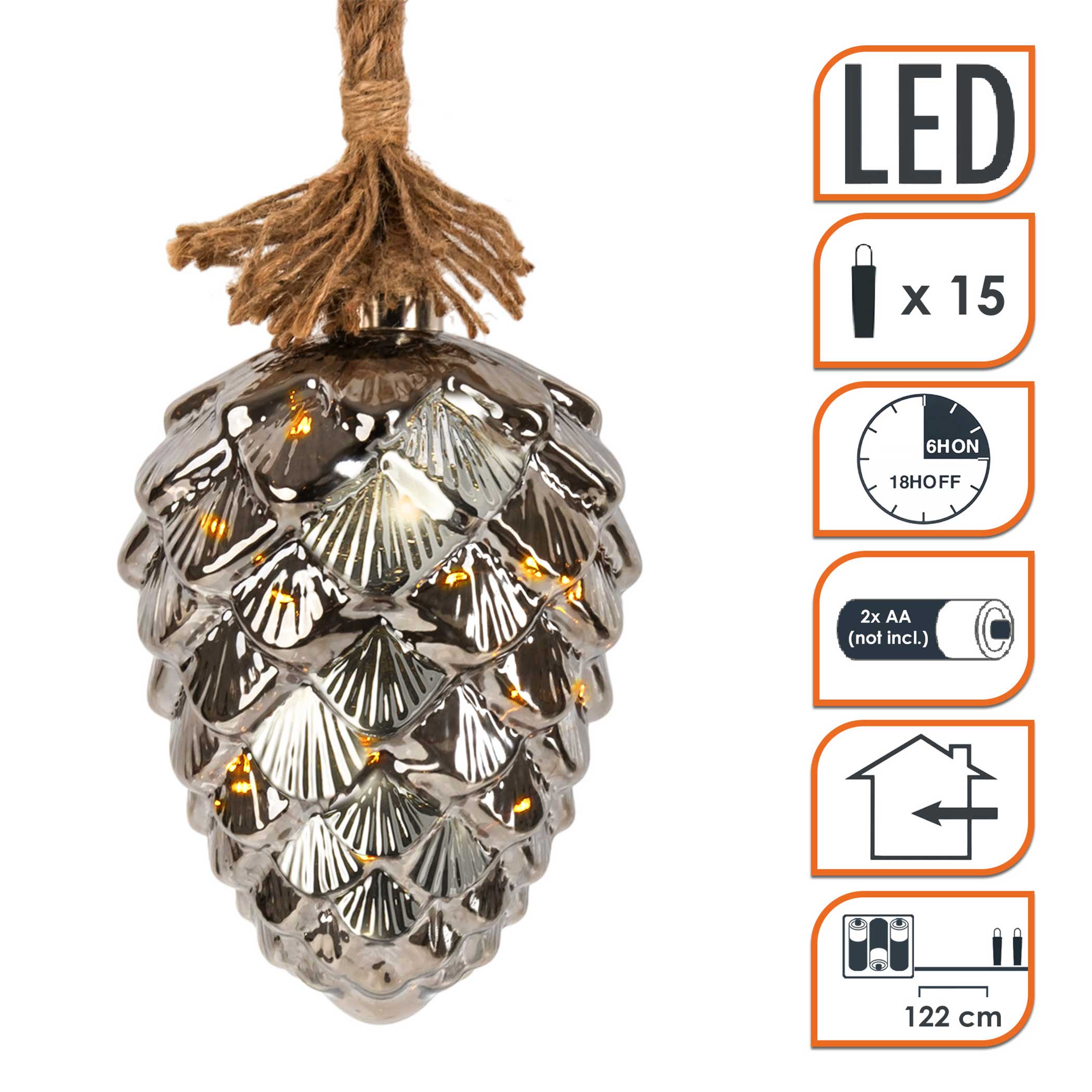 XL Glas Tannenzapfen zum Hängen 15 LED mit Timer - 22 x 15 cm - Zapfen Dekohänger warm weiß beleuchtet Batterie betrieben