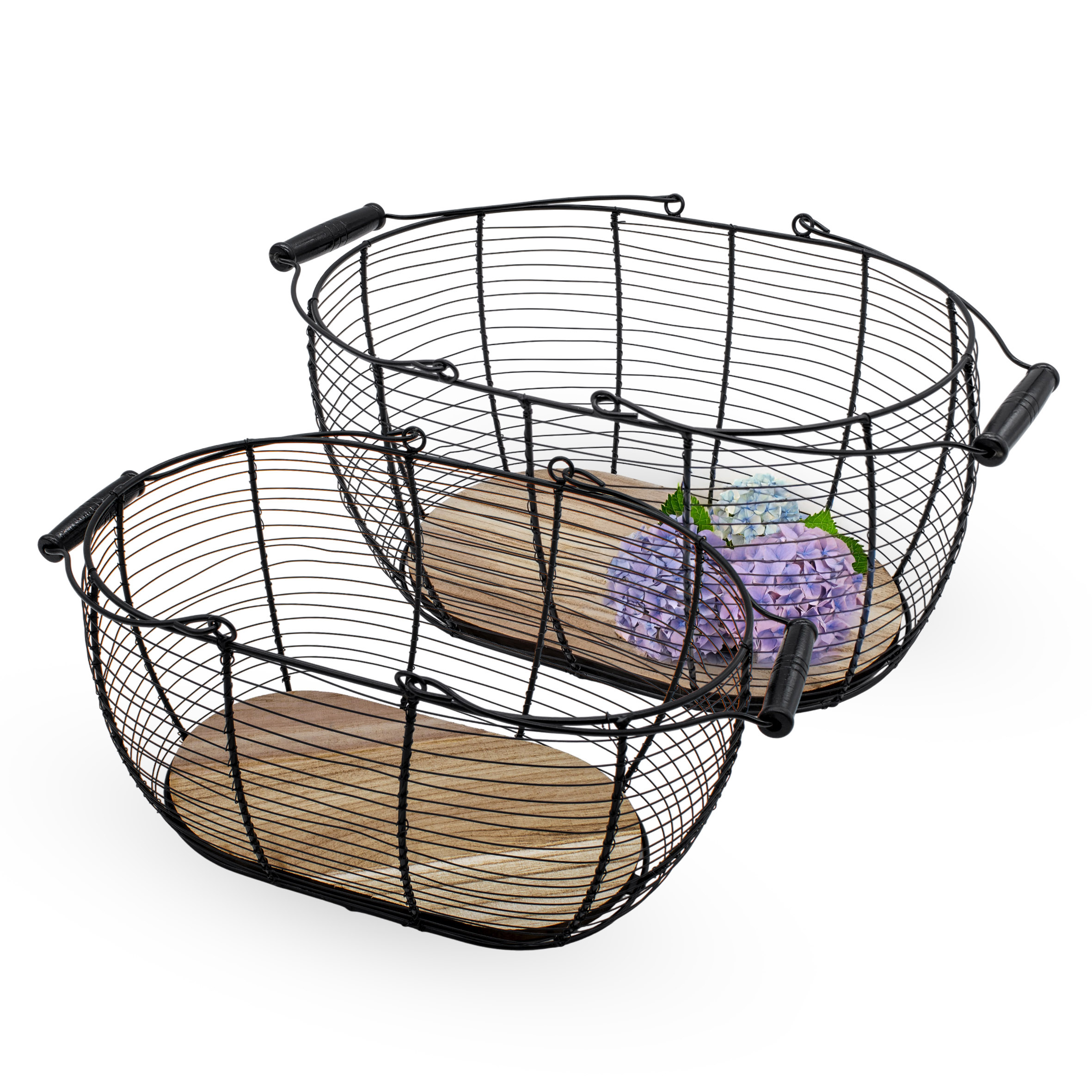 Metall Gitterkorb schwarz mit Holzboden 2er Set - 40 / 34 cm
