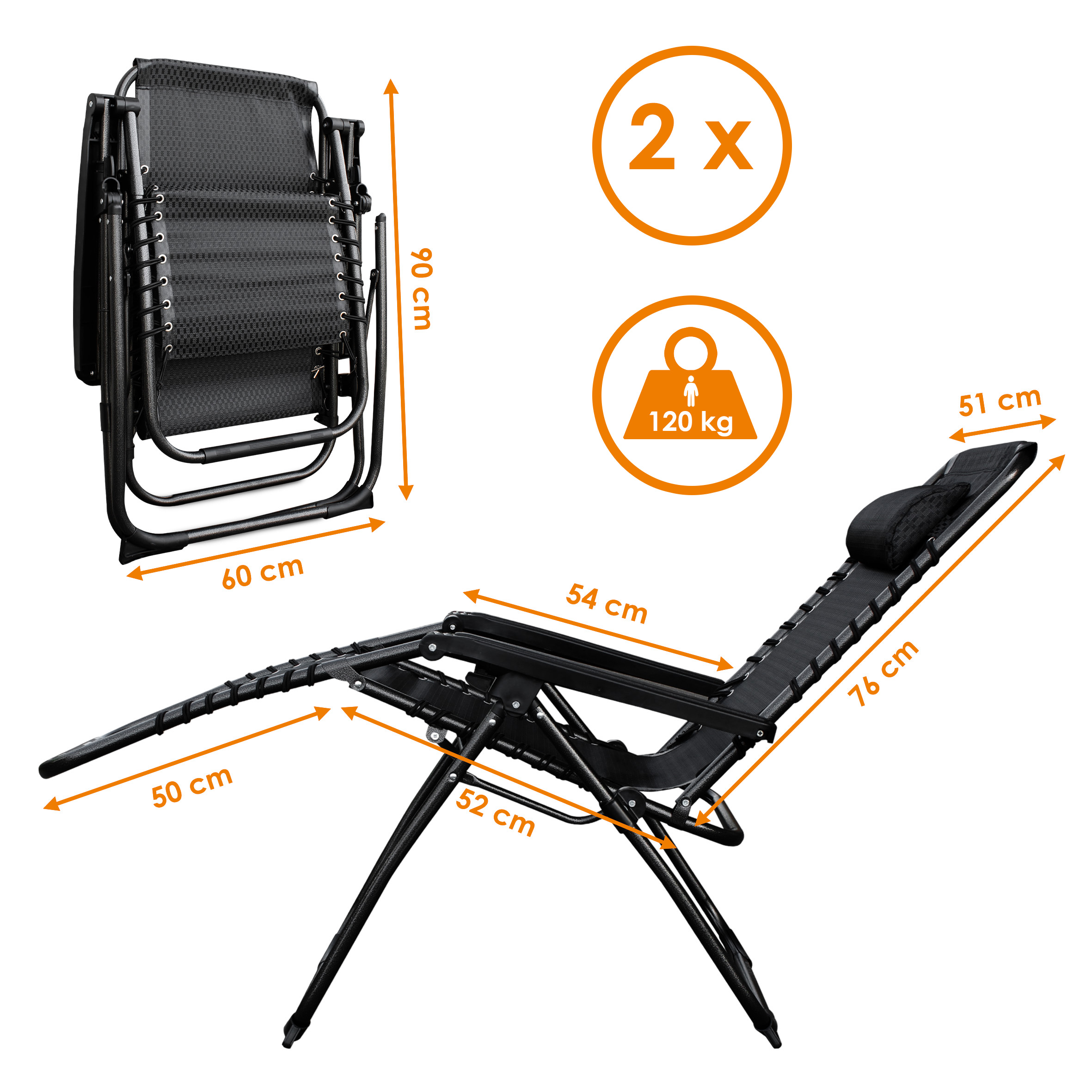 Relax Sessel mit Kopfkissen - 178 cm / anthrazit - Verstellbarer Garten Liegestuhl