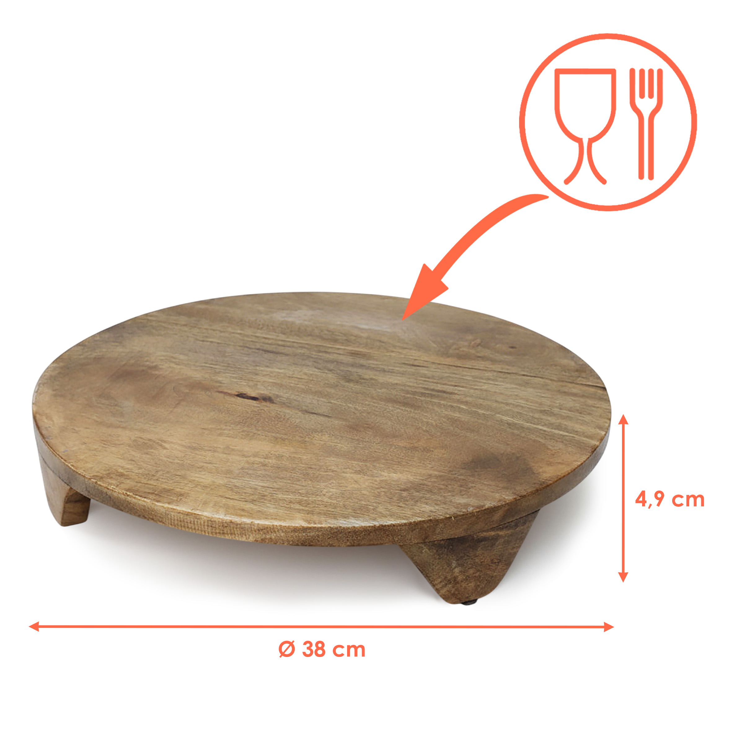 Mangoholz Servierteller groß rund auf Füßen lebensmittelecht - 38 cm - XL Massivholz Servierplatte mit Standfüßen