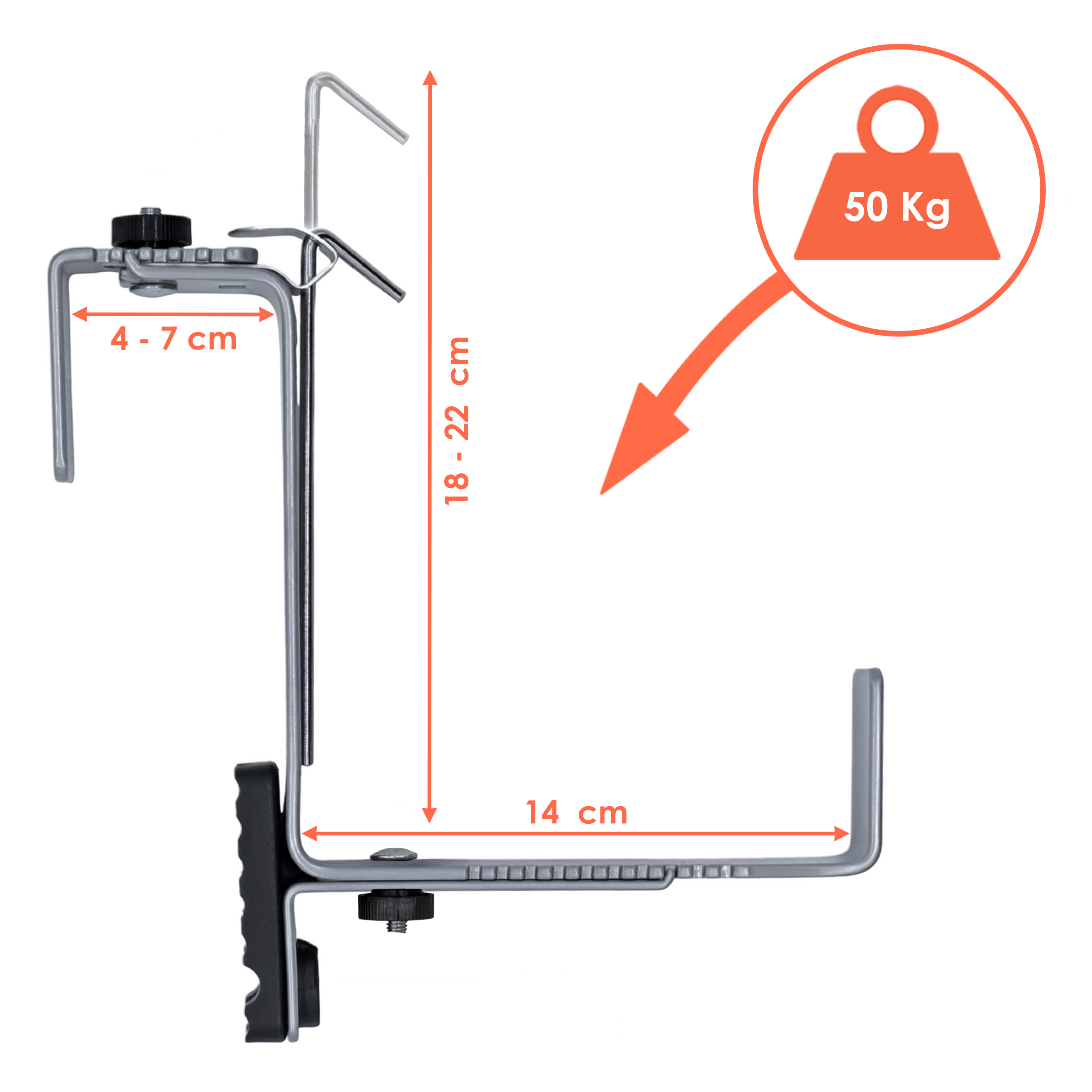 Blumenkasten Halter 2er Set bis 50 kg individuell verstellbar - hellgrau - Metall Halterung für eckige Balkongeländer von 4-7 cm