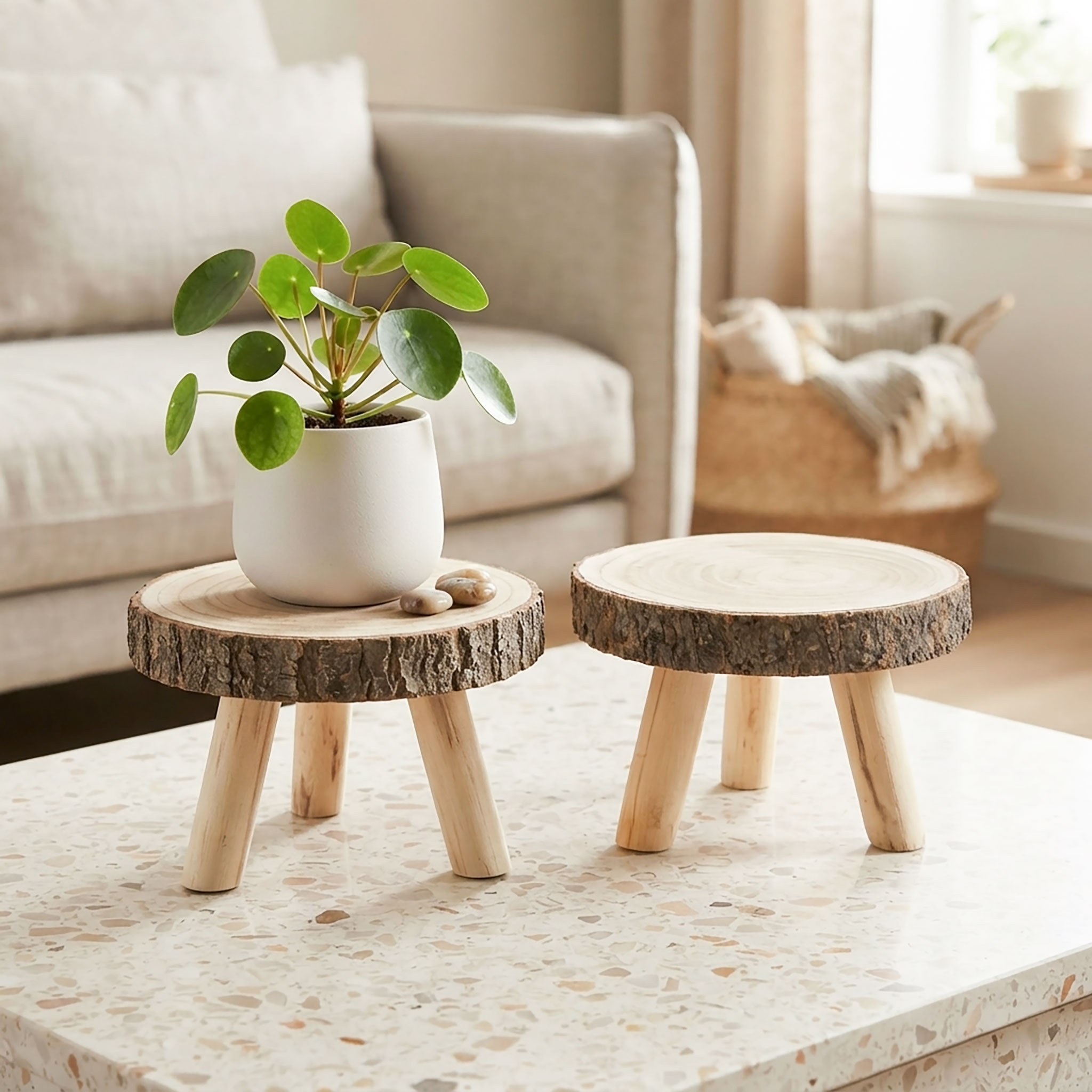Blumenhocker aus Baumscheibe rund mit Rinde - 2er Set - Holz Pflanzenständer natur auf 3 Füßen