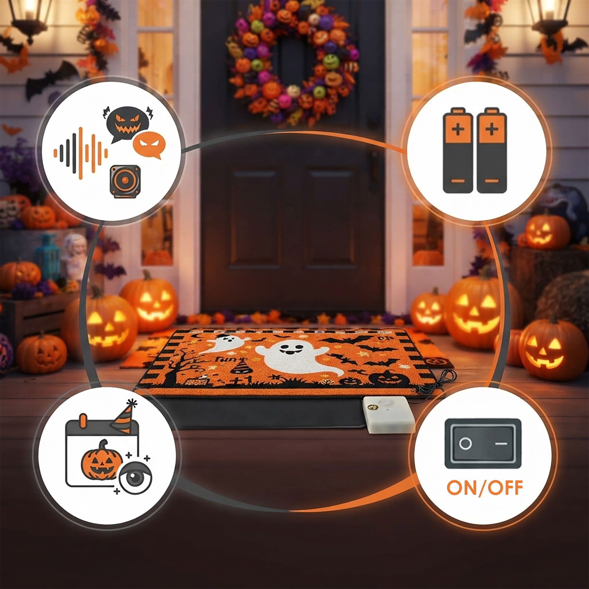 Halloween Trittsensor für Fußmatten mit 2 Grusel Begrüßungen - 35 x 25 cm - Sound Fußmatte mit Drucksensor batteriebetrieben