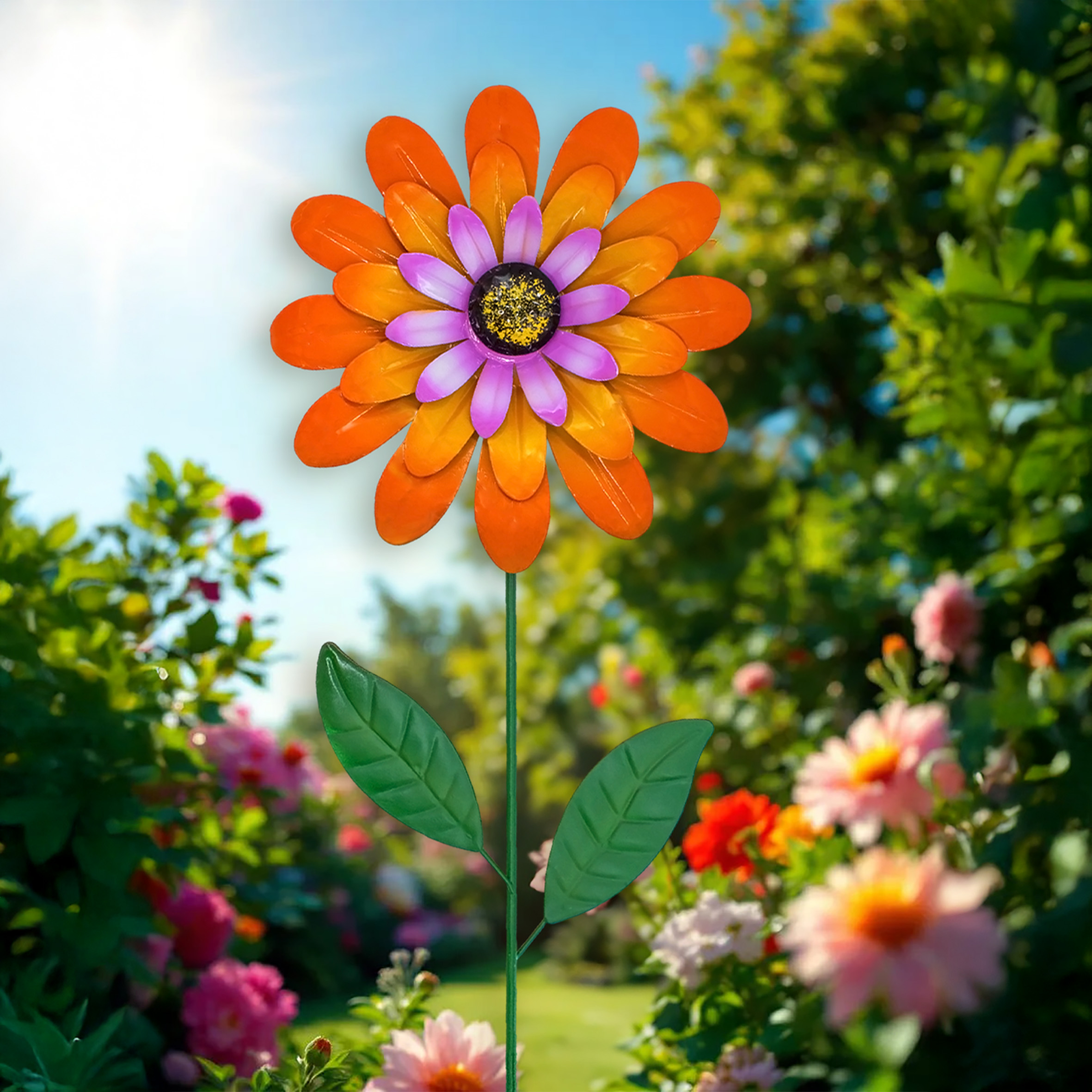 Metall Gartenstecker Blume orange - 90 x 25 cm - Gartendeko Blumenstecker bunt