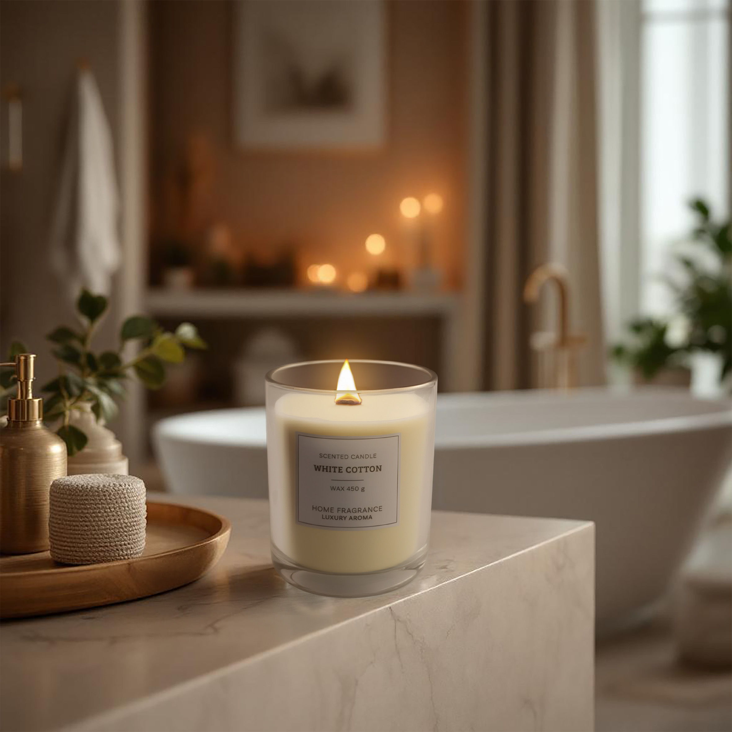XL Duftkerze im Glas 13 cm mit Knisterdocht - White Cotton Duft - Große Aromakerze 450g Wachs 18 Stunden Brenndauer