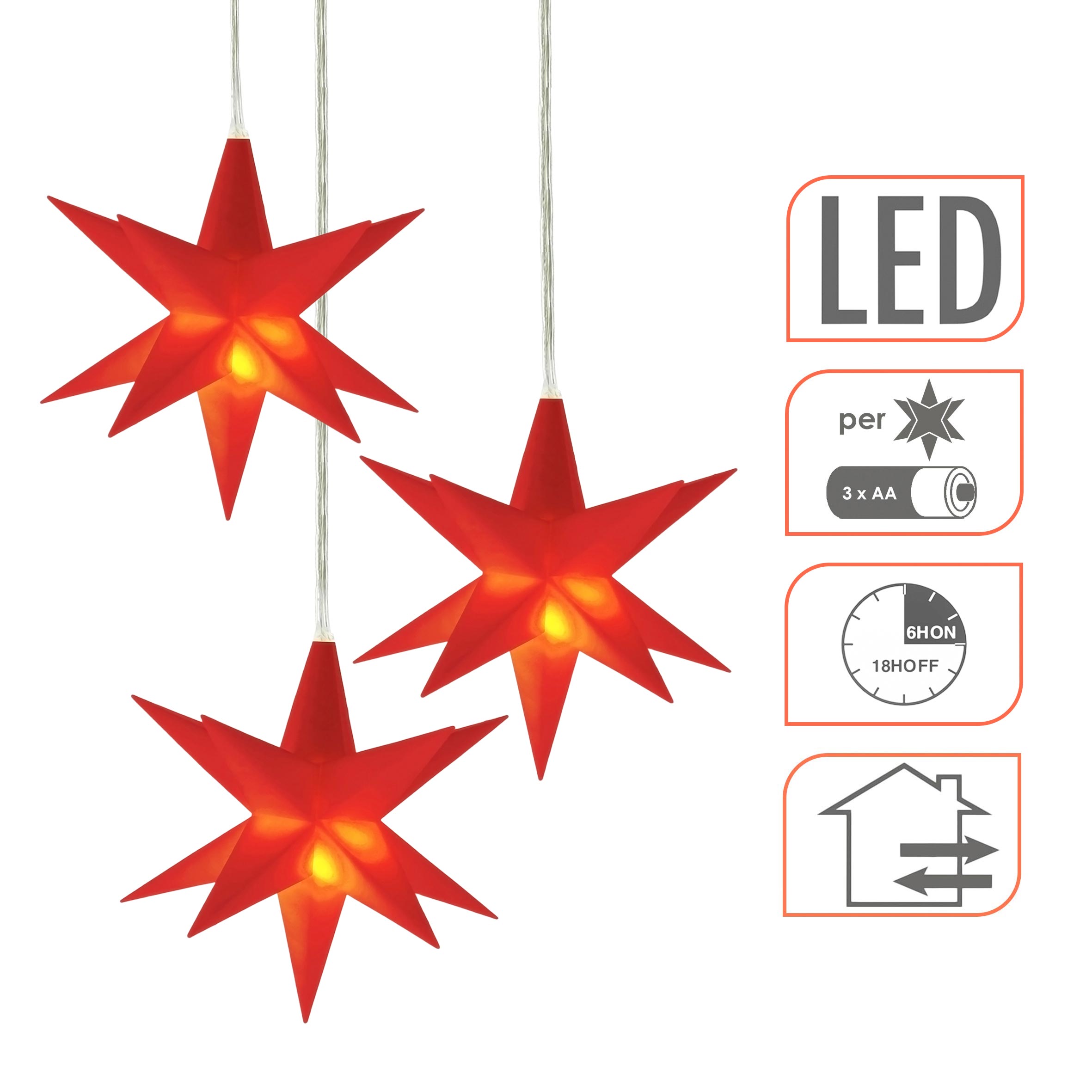 3D Weihnachtsstern 12 cm warm weiß Beleuchtet - weiß oder rot / 1 oder 3 Stück - LED Fenster Deko Leuchtstern mit Timer Batterie betrieben