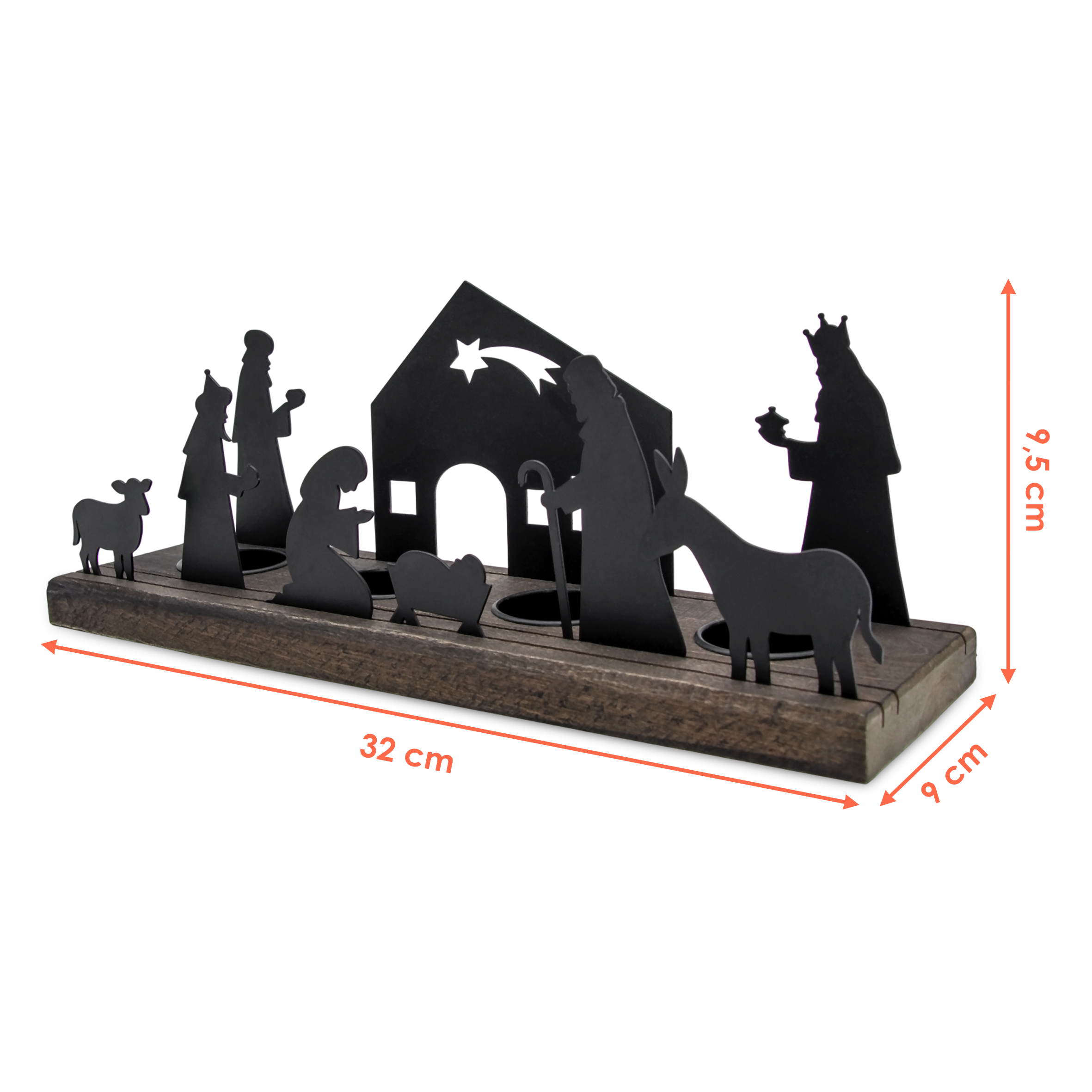 Teelichthalter Krippen Figuren schwarz - 32 x 9 cm - Weihnachtsdorf Silhouette mit Haltern für 4 Teelichter