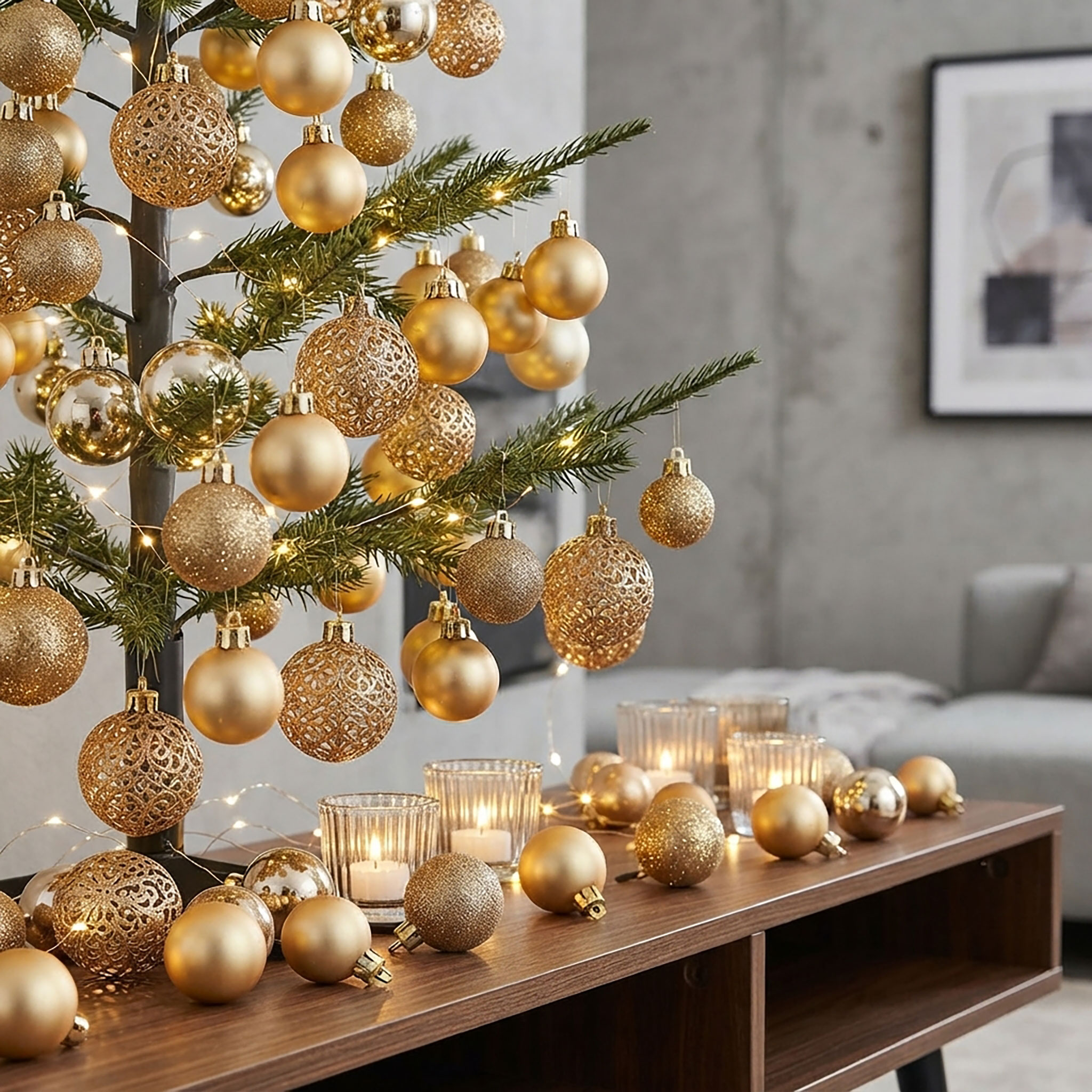 Kunststoff Christbaumkugel Set bruchsicher - gold - Design Weihnachtskugeln inklusive Metall Haken
