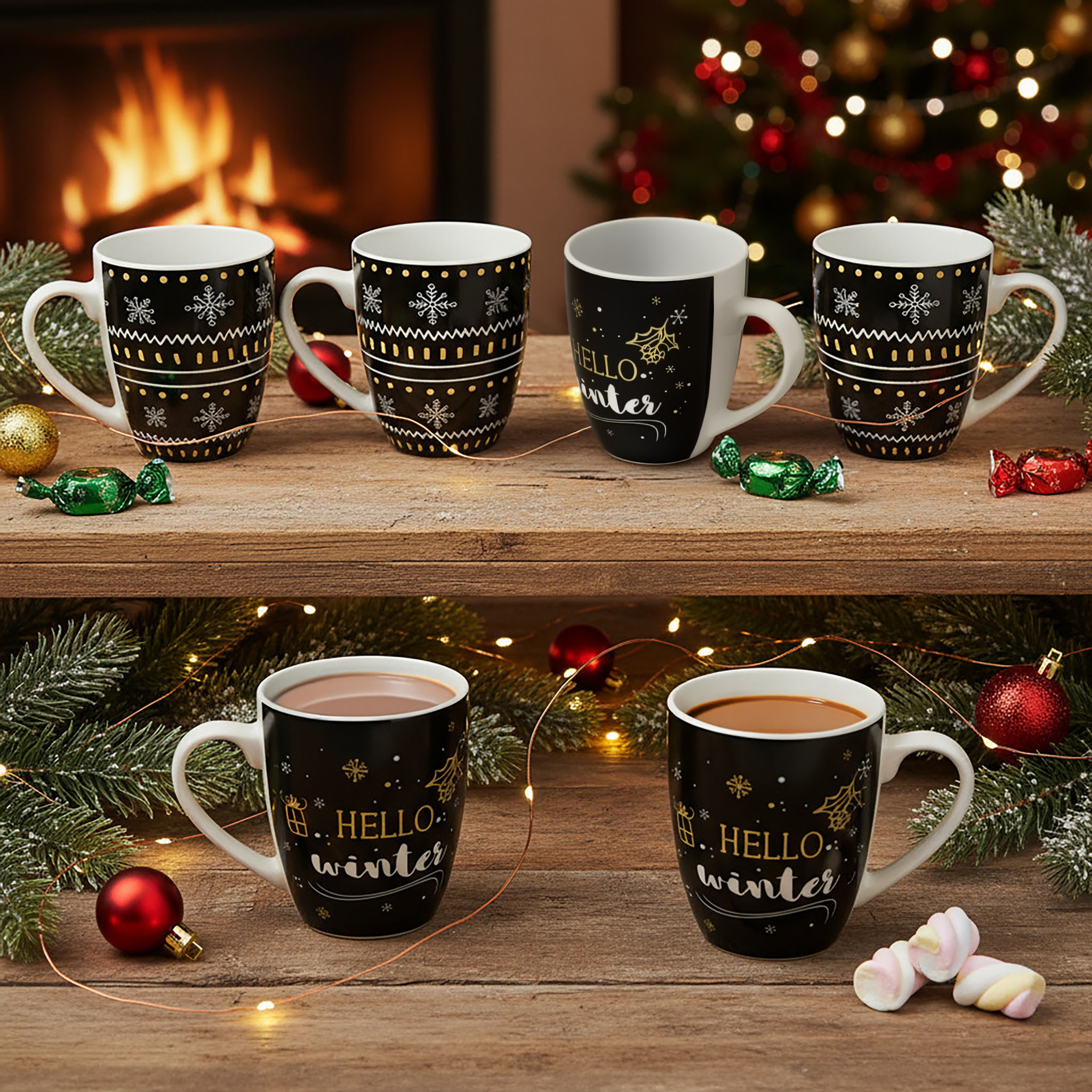 Feinkeramik Kaffeetasse 300 ml mit Wintermotiv - 6er Set - Porzellan Weihnachts Kaffeebecher mit Henkel