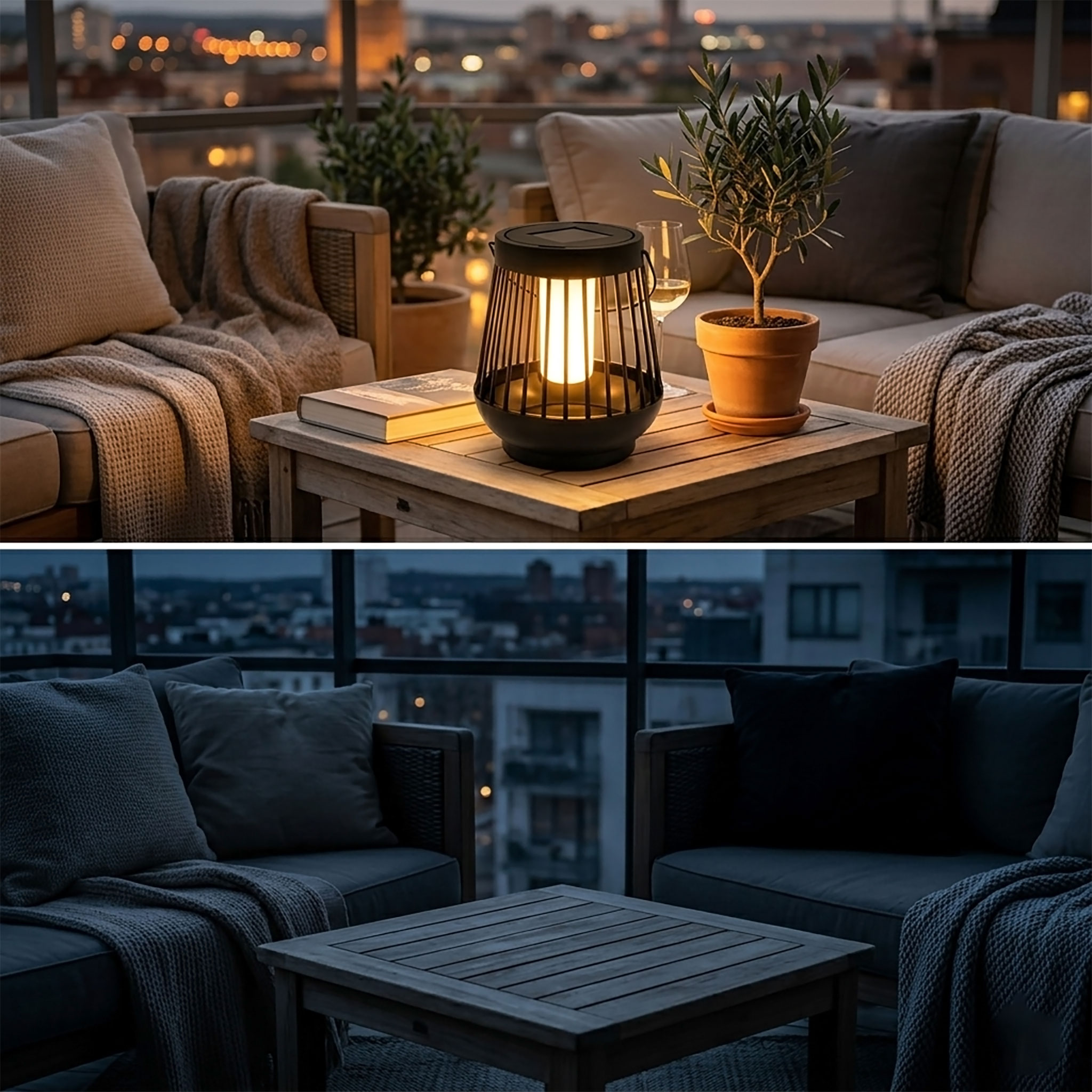 Solar Laterne schwarz 15 x 13 cm mit Flammeneffekt - 2er Set - LED Deko Lampe für Außen zum Hängen oder Stellen
