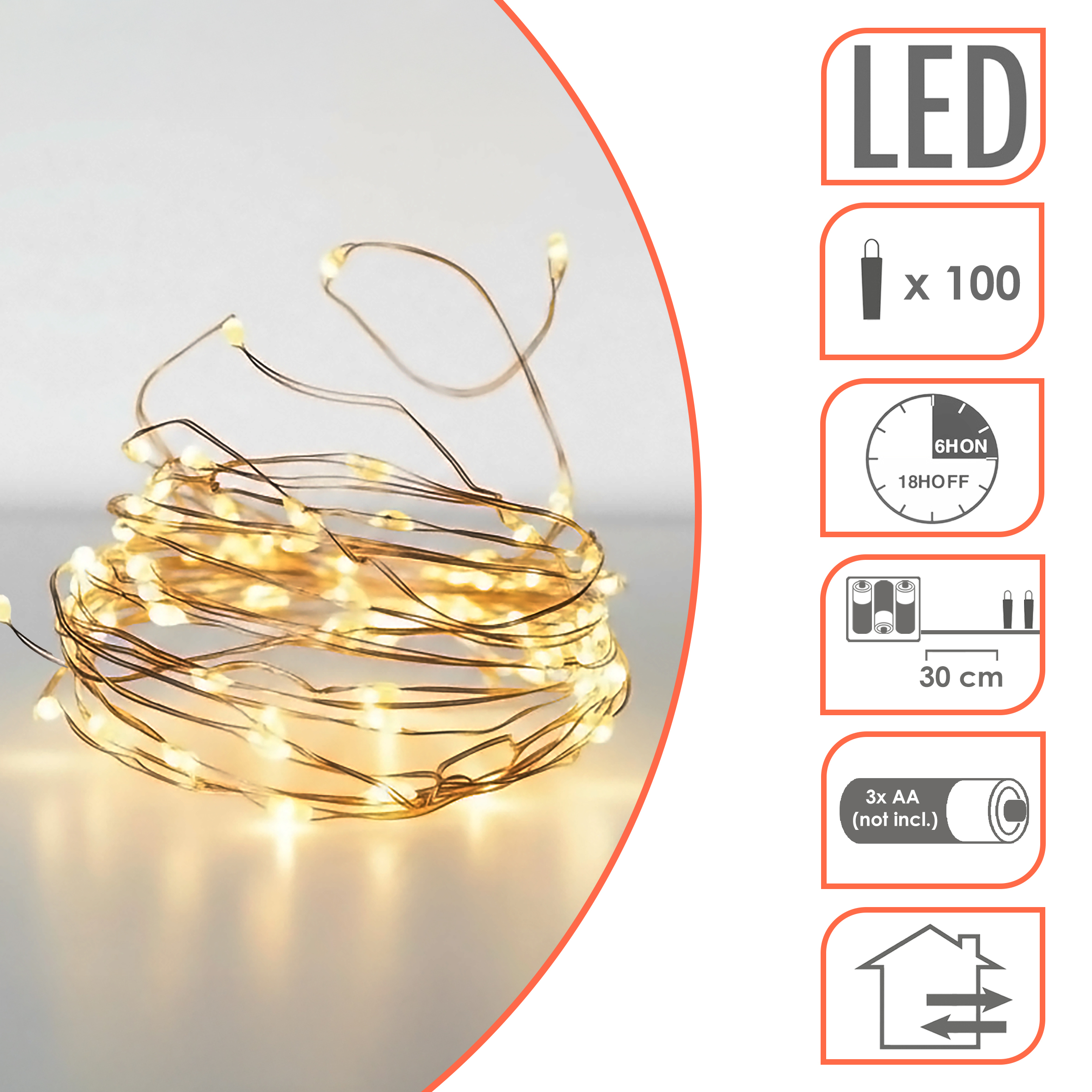 LED Draht Lichterkette 5 m - 100 LED / warmweiß - Deko Beleuchtung für Außen mit 8 Funktionen