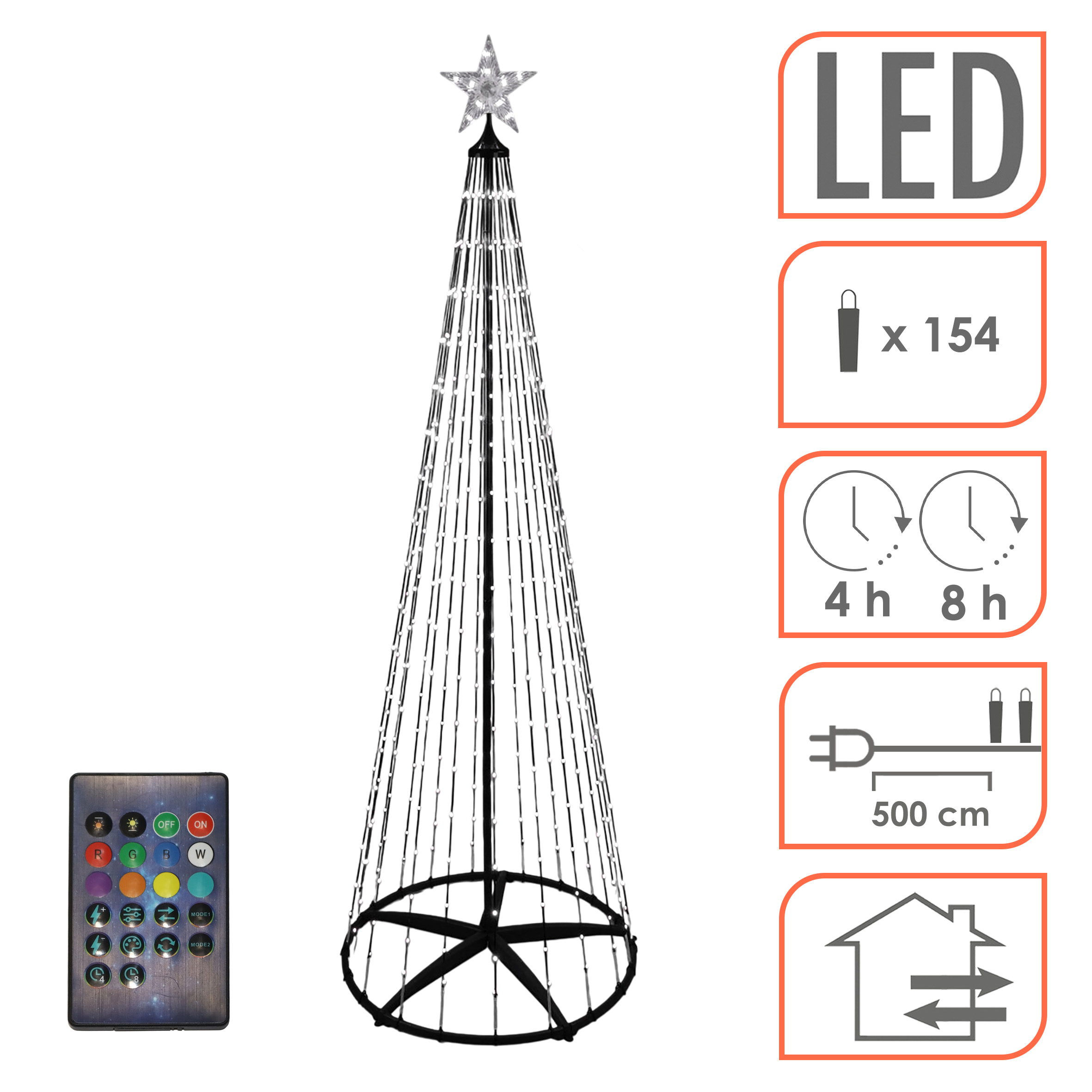 Lichterbaum mit Stern Spitze 150 cm für Außen mit Fernbedienung und Timer - 154 LED - Metall Weihnachtsbaum in schwarz multicolor mit Farbwechsel