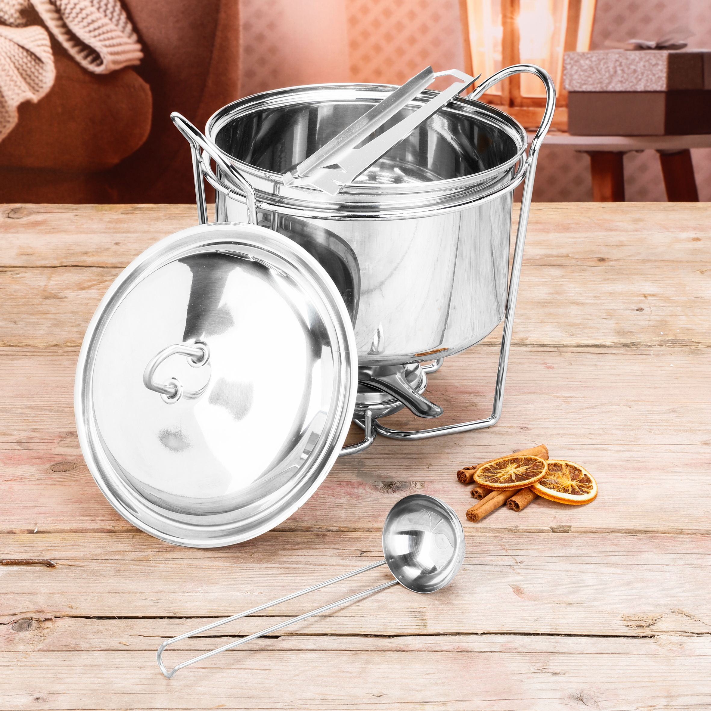 Feuerzangenbowle Set aus Edelstahl 3,5 Liter - 5-teilig - Punsch Bowle Gefäß Komplettset mit Pastenbrenner 