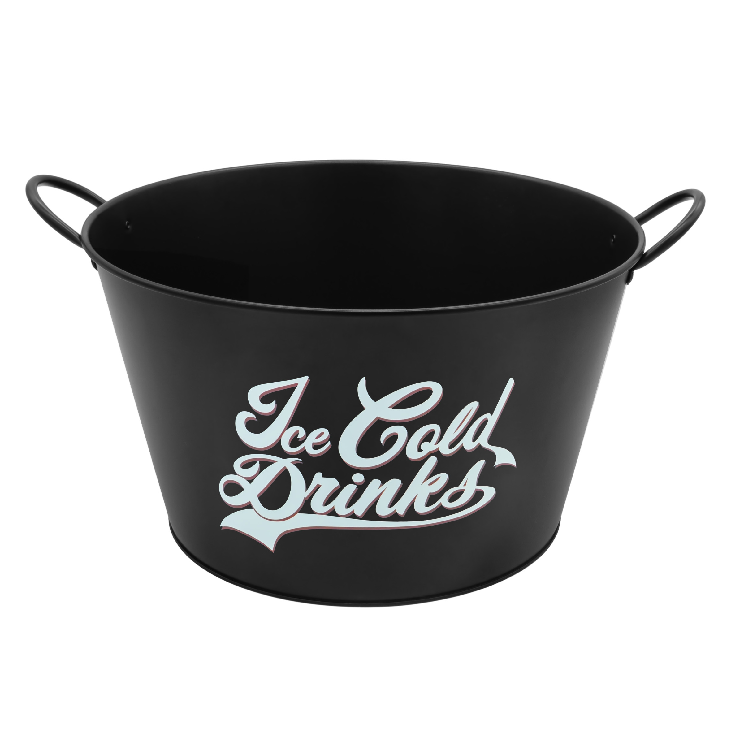 Vintage Metall Getränkekühler schwarz rund mit Griffen - 40 x 23 cm - Retro Flaschenkühler 29 L mit Aufdruck Ice Cold Drinks