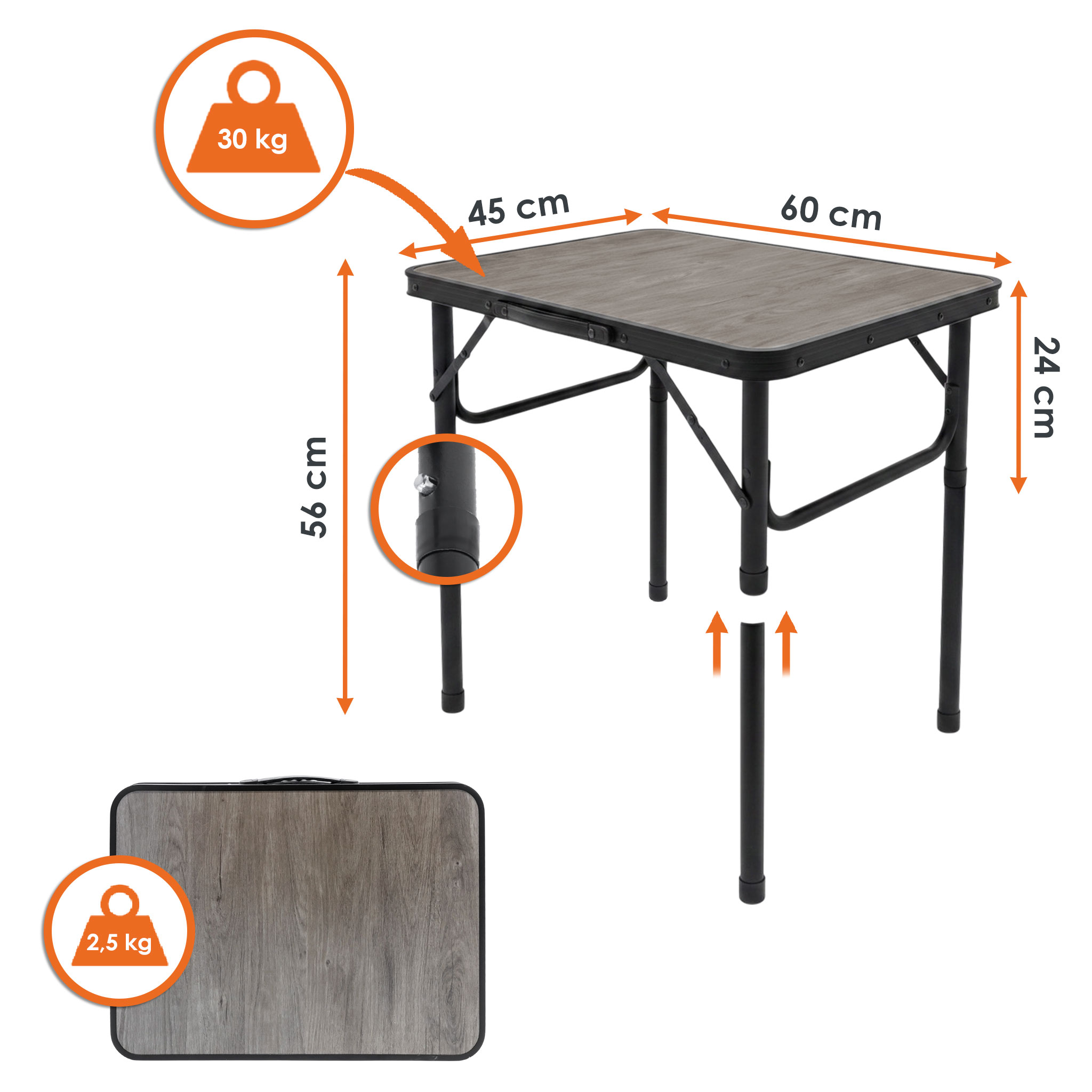 Aluminium Campingtisch in Holz Optik höhenverstellbar - 60 x 26-56 cm - Universaler Gartentisch klappbar mit Tragegriff