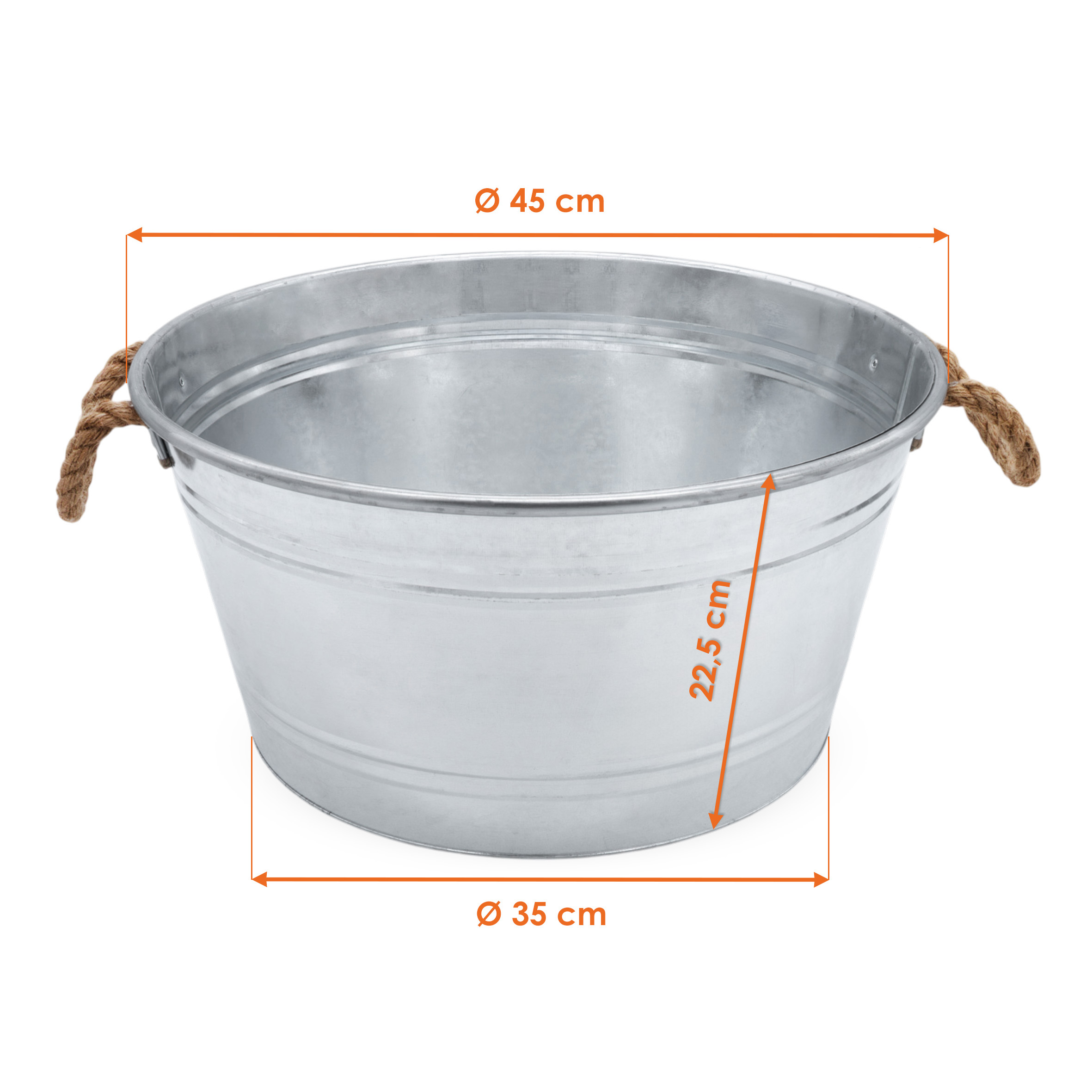 Zinkwanne 25 L mit Griffen aus Jutekordel - 45 x 22 cm - Metall Blumenschale rund silber verzinkt