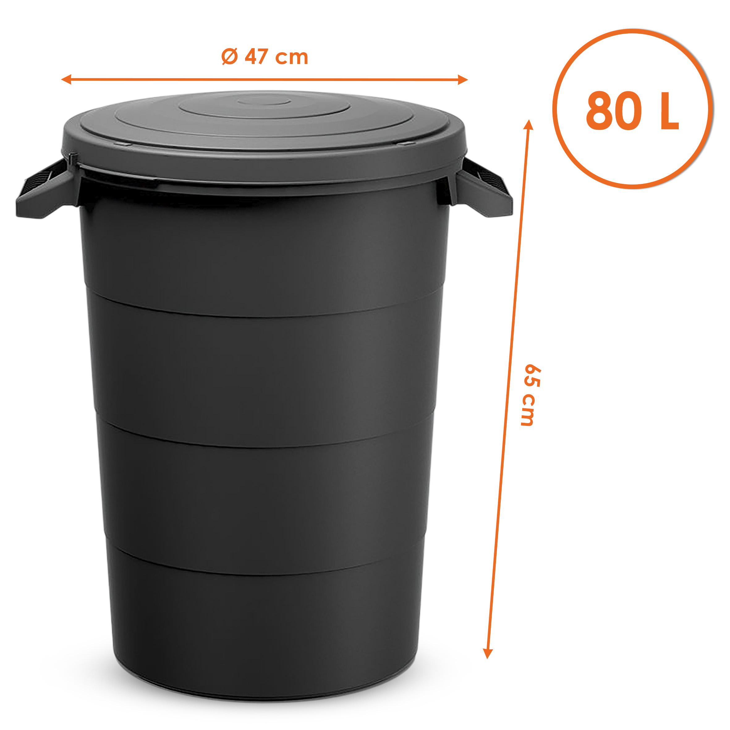Regenwasser-Tank 80 Liter mit Deckel - grau - Universal Kunststoff Tonne mit Tragegriffen - Regentonne Garten Abfall Eimer