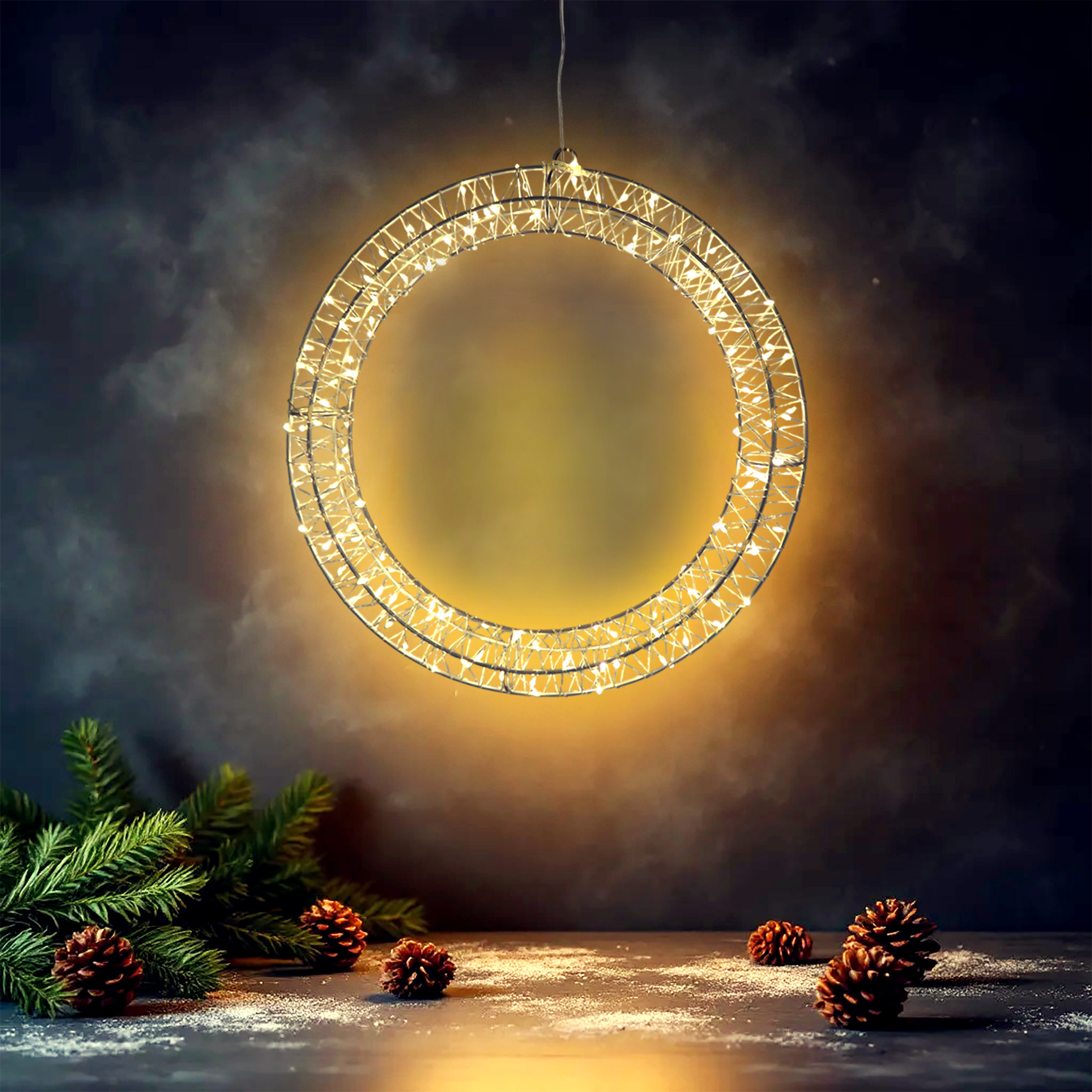 Metall Lichtkranz silber 30 cm warm weiß mit Timer - 150 LED - Weihnachtsdeko Hängekranz für Innen batteriebetrieben